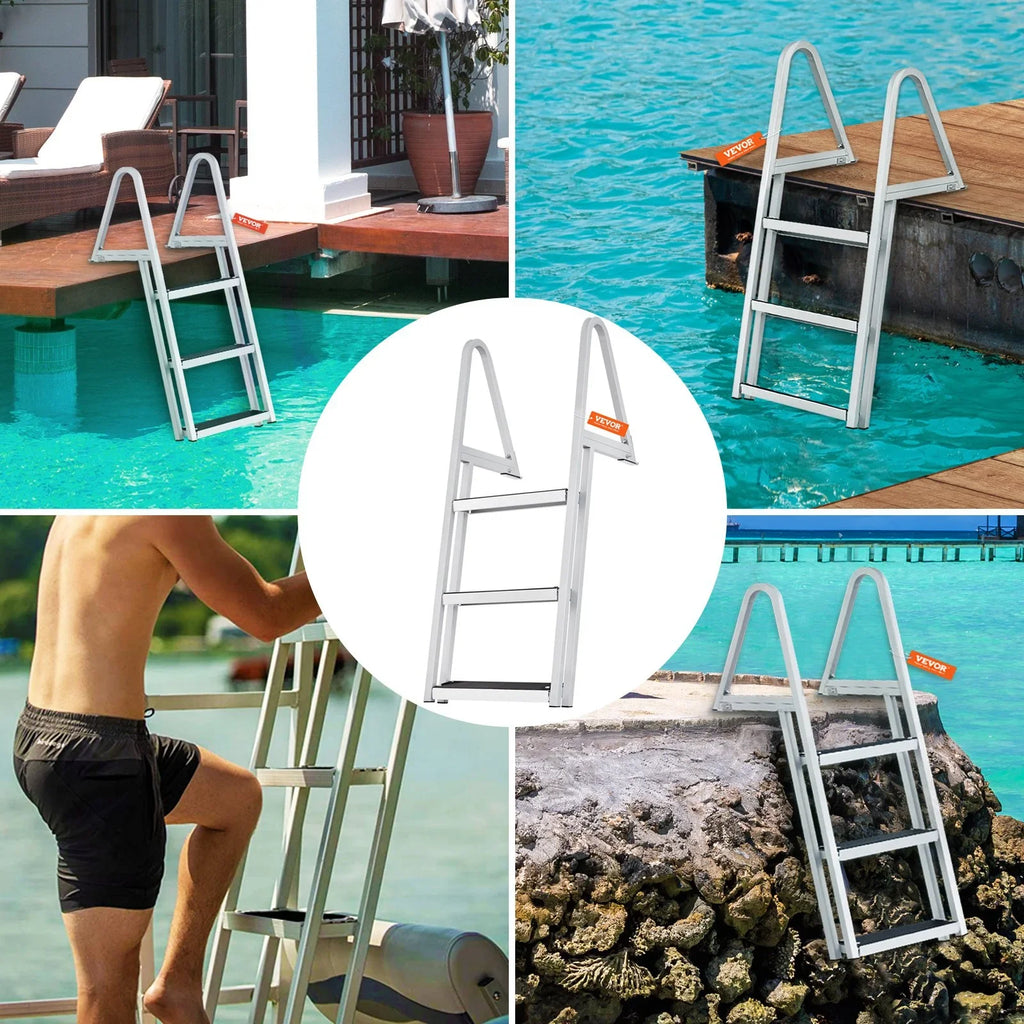 350 Pools Installation 4'' Aluminum & Nonslip Steps, Capacity, lbs Simple Dock with for - VEVOR Wide Marine Boats, Removable Ladder Lakes, Access 3-Step Alloy
