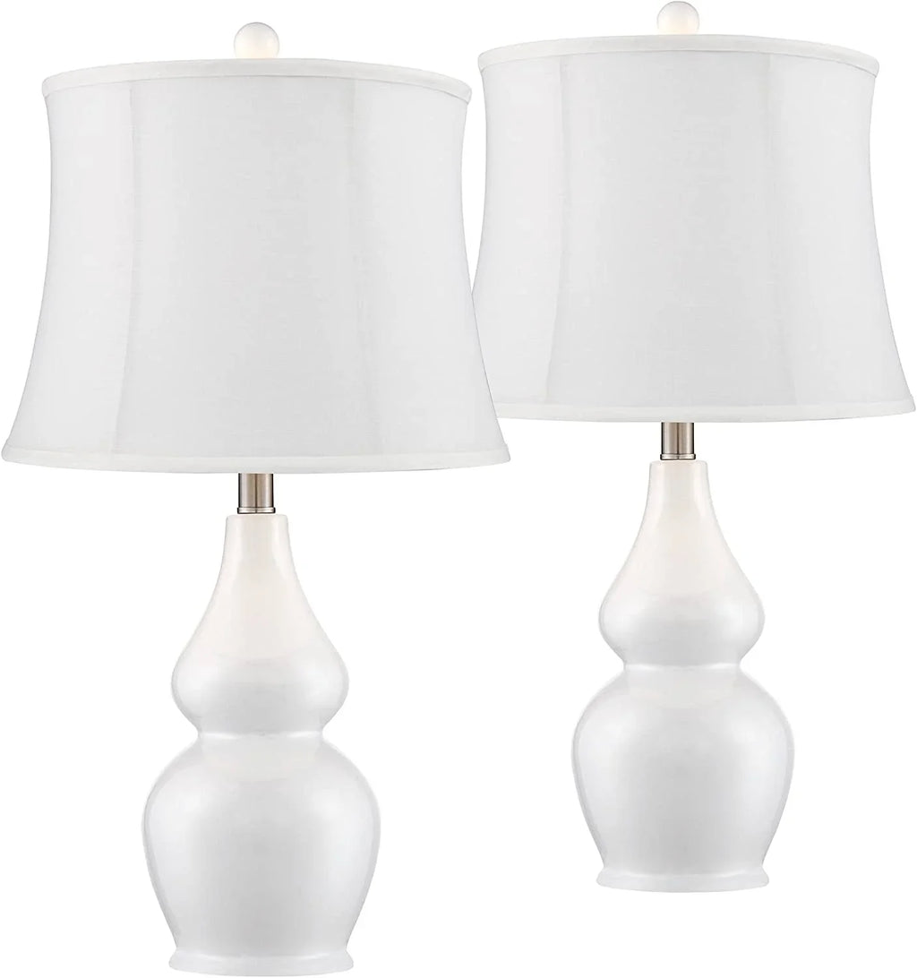 Double House Nightstand Tall Ceramic Modern Softback 25" White Bedroom Bedside Home Lighting for Tapered Entryw Jane Gourd Fabric Room Drum Lamps Living Table Shade TJUNBOLIFE Office