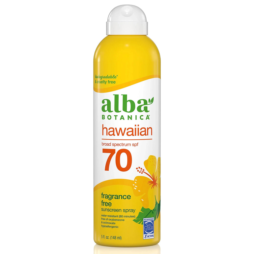 Body, Sunscreen And Sunscreen Spectrum Hawaiian Fl. Alba Broad For 5 Spf And Biodegradable, 70 Face Oz. Resistant Bottle Spray, Sunscreen, Botanica Fragrance-Free liquid