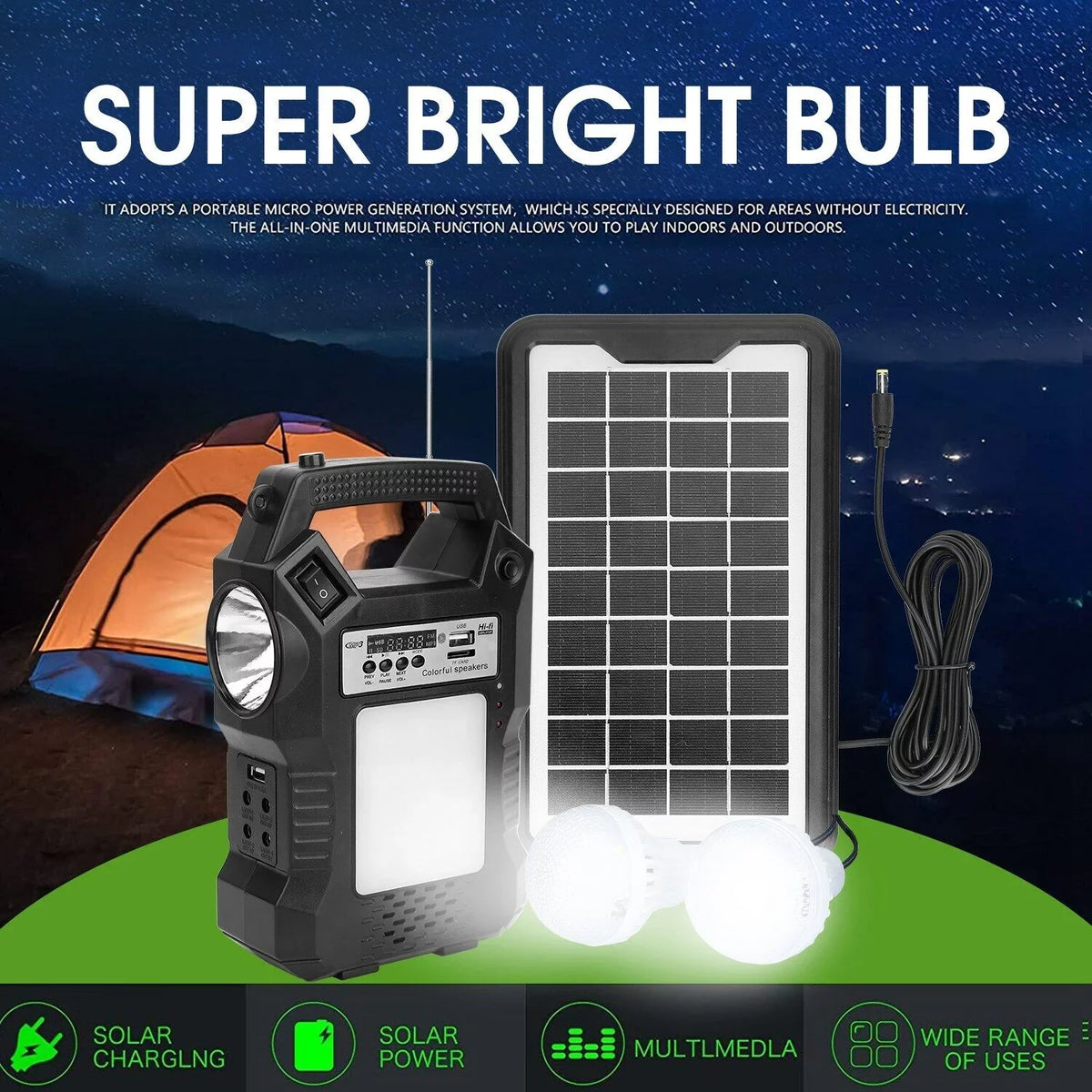 Solar Station, Rechargeable Powered Charge, Bulbs Flashlight for Bank Generator, Solar 3 Way Hiking Camping LED with Portable MDHAND To Power Dual Panel Solar Emergency