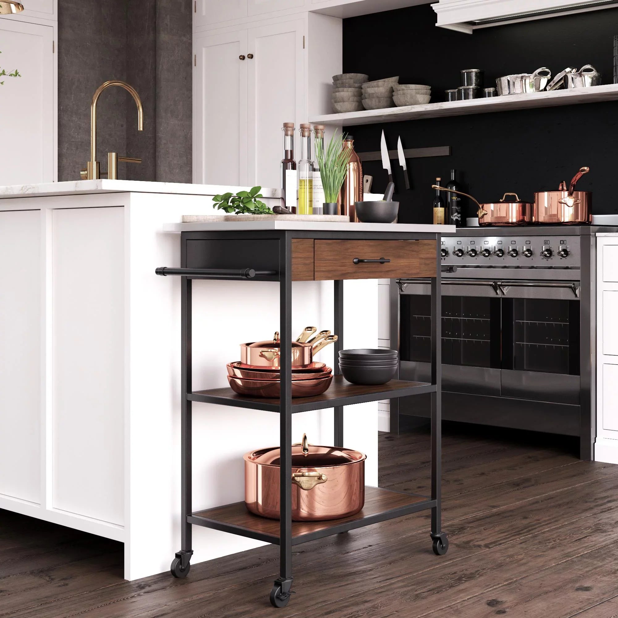 Top, Storage, Kitchen Steel Brown DHP Stainless Kane Frame, Pantry Black Counter Cart, Metal