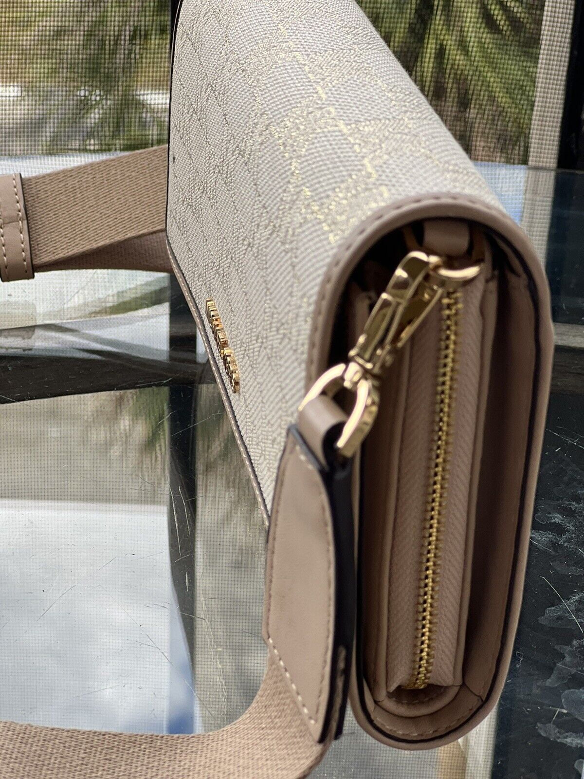 Crossbody LG Zip Gold Wallet Glitter Natural MK Kors Around Michael Bag Jet Set