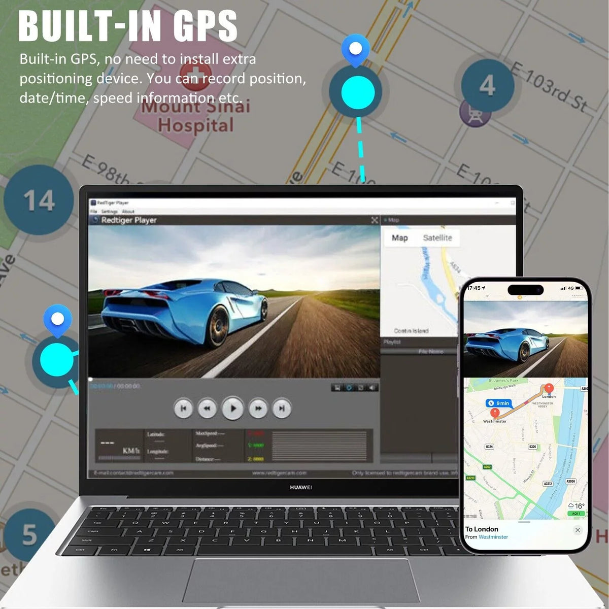 Recorder 4K Rear & Camera Cars Track Front True 3 Video Lens Dual WiFi&GPS Dash