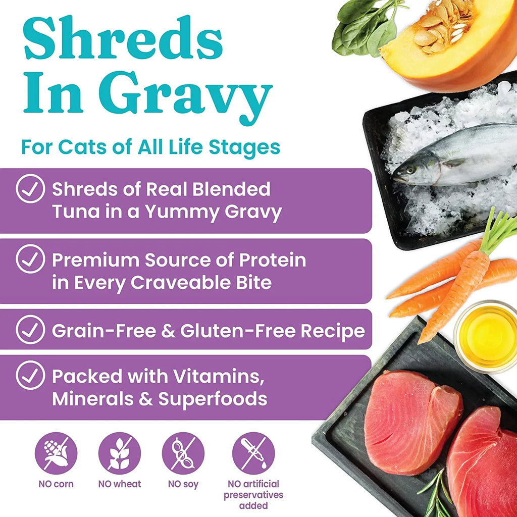 '- Vitamins, Gravy & with Superfood, Wet in - Grain Minerals Protein, 16ct/6oz Gluten Can Shreds Gravy - Solid Shreds Real Fish Amino Food Cats for Cat Gold - Tuna Canned with Acids Free &
