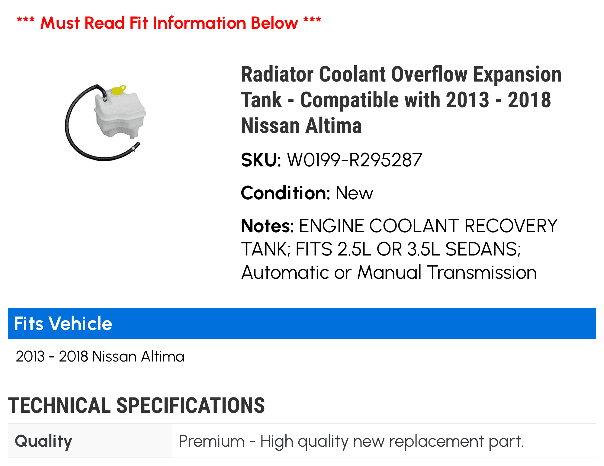 2017 2014 Coolant 2018 - with Radiator Altima Compatible Nissan Overflow 2015 - Tank 2016 2013 Expansion