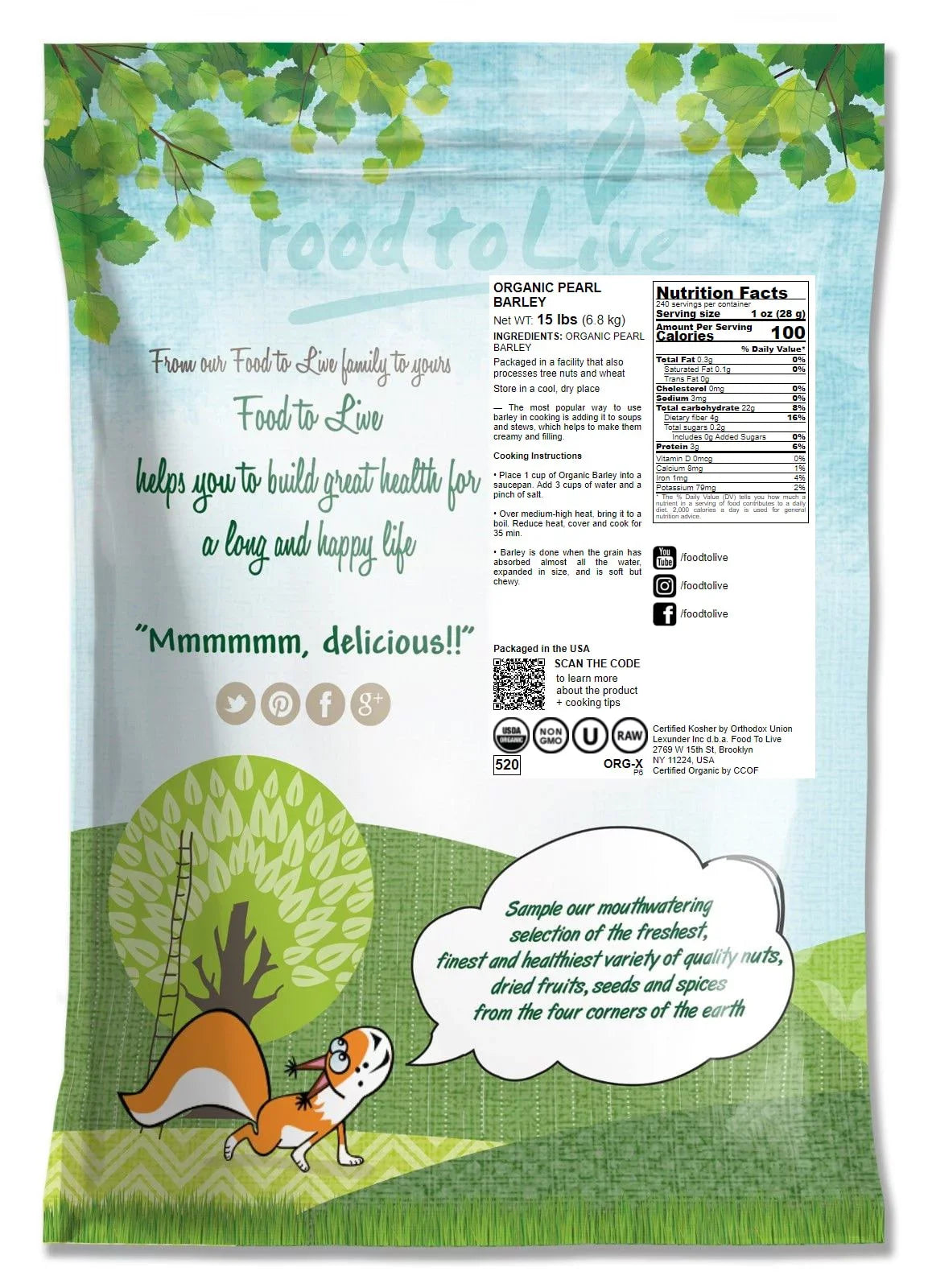 Non-GMO, Food Live Organic Pounds Pearl — by 15 Barley, to — Vegan Raw, Kosher,