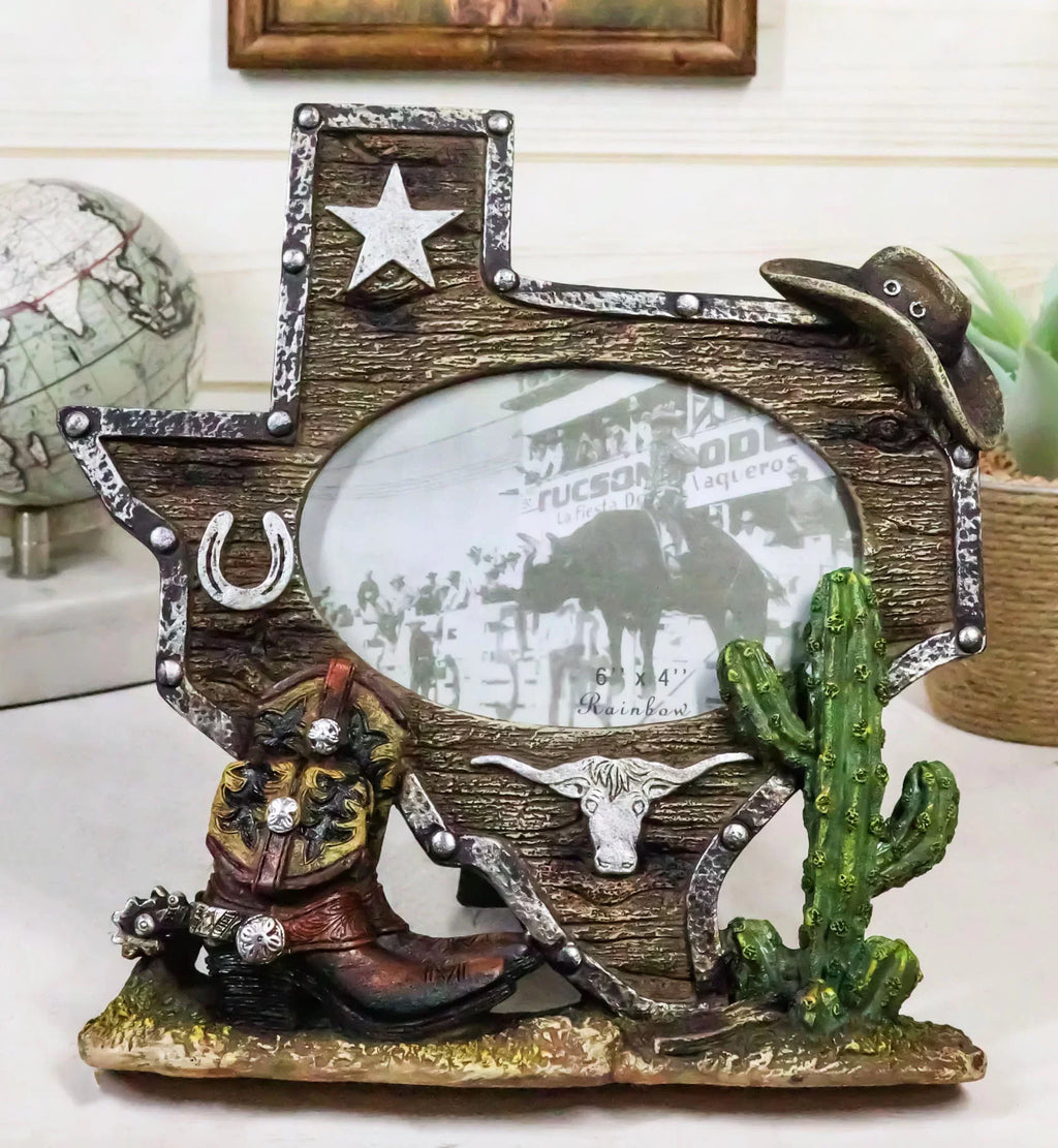 Map State Texas Rustic Cactus Picture 4"X6" Longhorn Boot Western Cowboy Frame