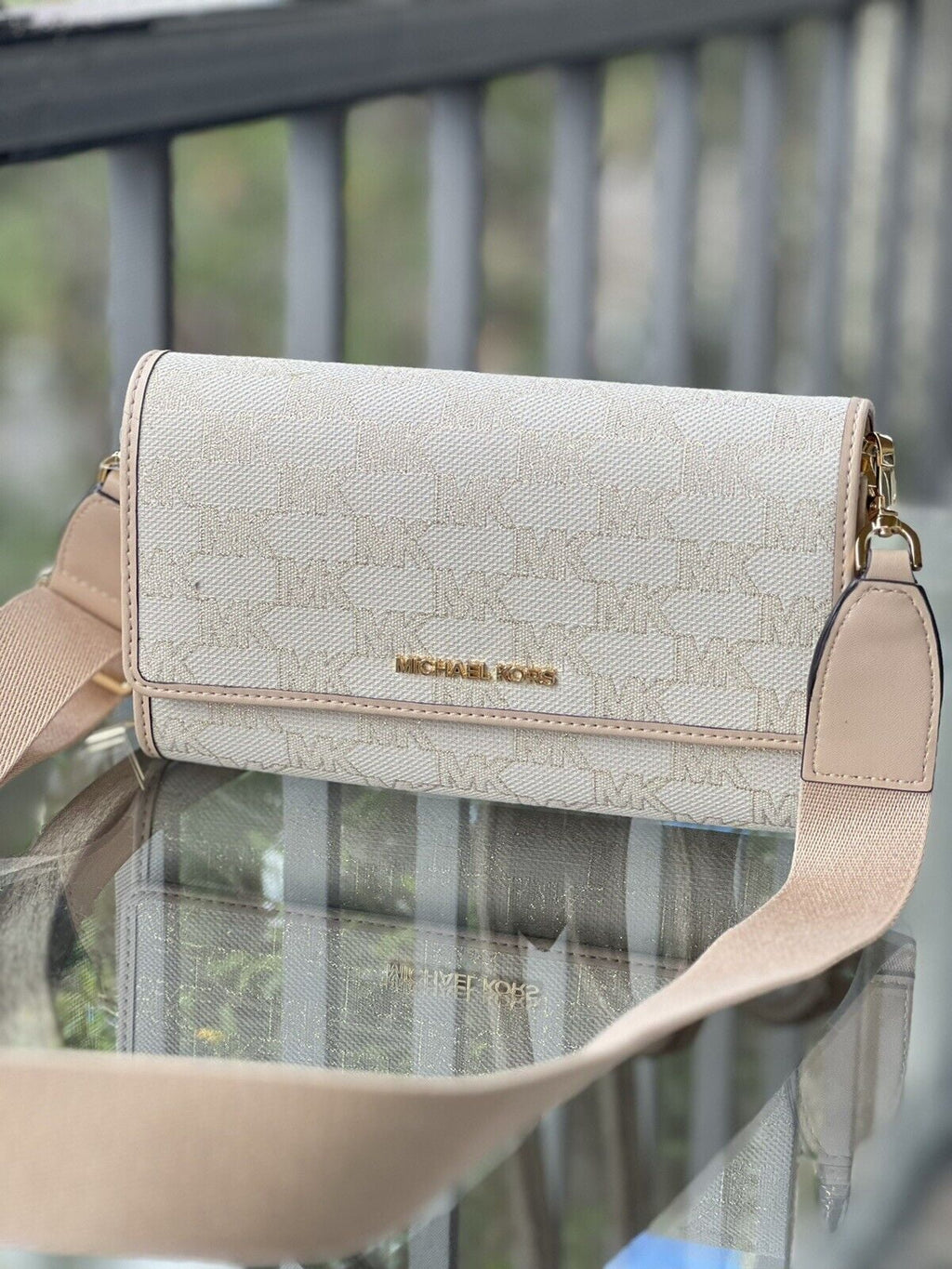 Crossbody LG Zip Gold Wallet Glitter Natural MK Kors Around Michael Bag Jet Set