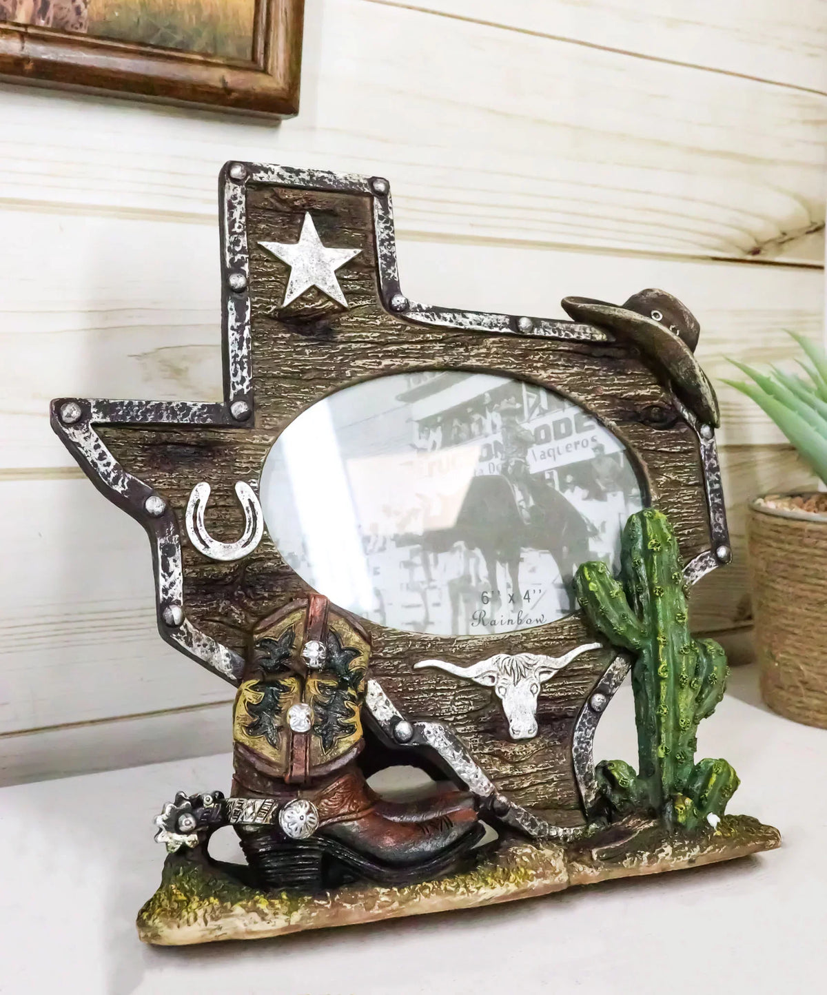 Map State Texas Rustic Cactus Picture 4"X6" Longhorn Boot Western Cowboy Frame