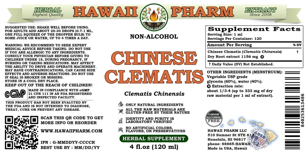 Proudly Liquid Expertly Natural. Extracted Dry Fl.Oz in Trusted Clematis Root Chinensis) 4 Absolutely Brand. HawaiiPharm by (Clematis Chinese ALCOHOL-FREE USA. made Extract. Glycerite