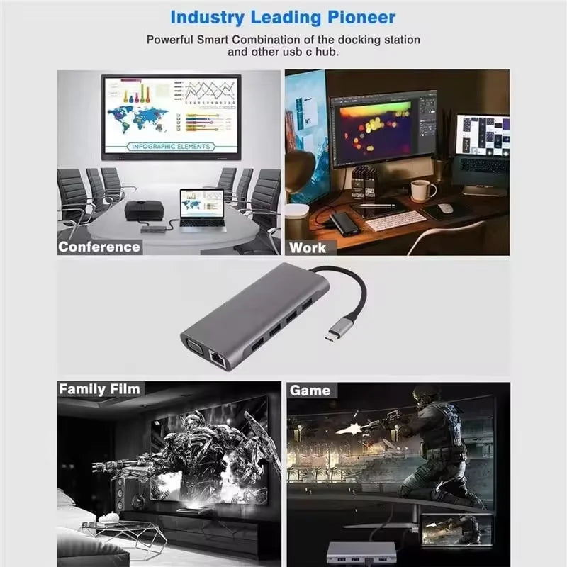 with Docking HDMI, with LAN,SD,MicroSD,Compatible A*4, VGA,Type-C Power,USB PD100W HP USB Station Laptop Pro,Air Ports Gigabit Multi-Port 11-in-1 MacBook C 3.5mm Kidsol 4K