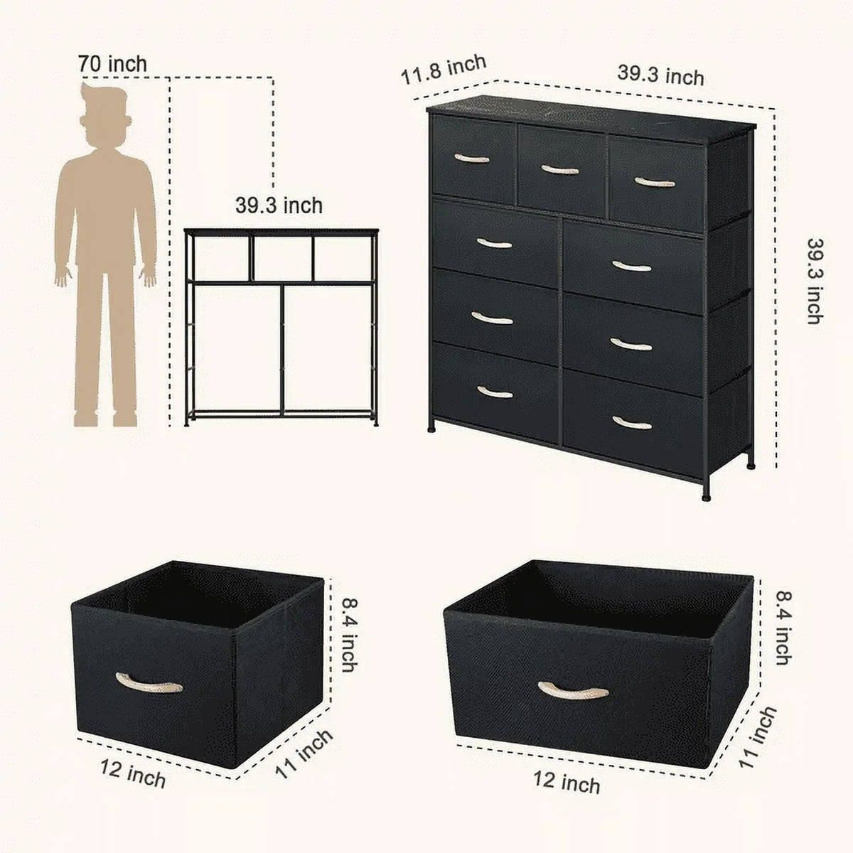 Sturdy Fabric Steel Dresser, Top, Easy-to-Pull Hallway, Wooden Bins(Black Bigroof Organizer Storage Living Room, Cabinet, for Furniture Frame, 9-Drawer Tower Grey) Bedroom, Fabric Closet,