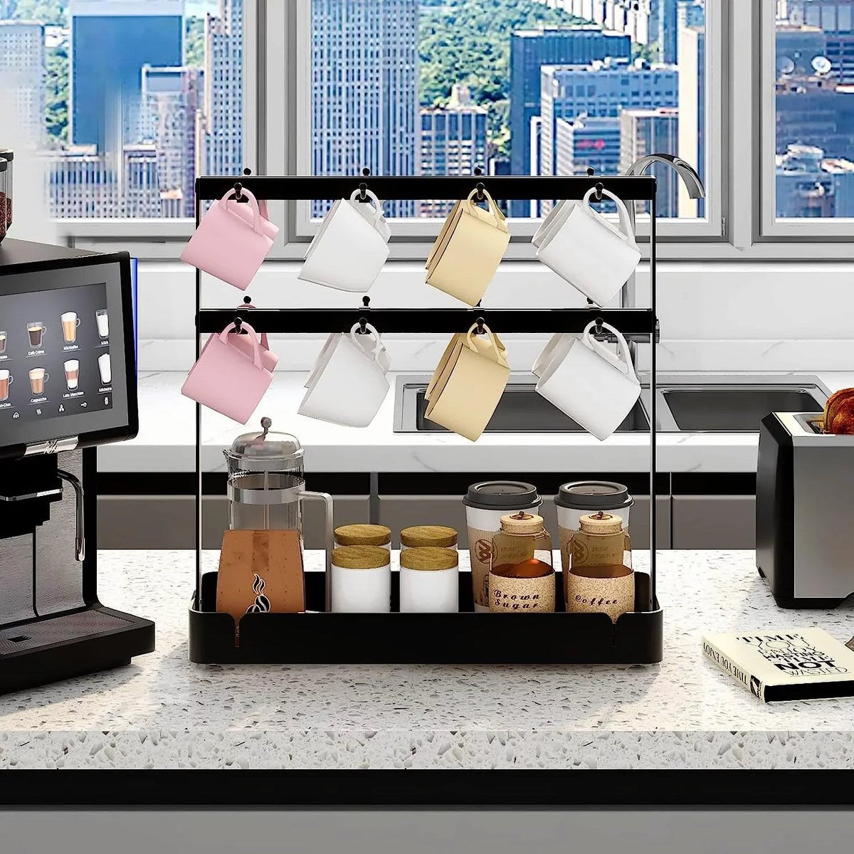 Cup Hooks,2 Holder Holder Storage Countertop, Movable Tier Mug Rack Mug with Coffee 16 Coffee BOIVSHI Tree Cup Black Holder Base Hooks with for