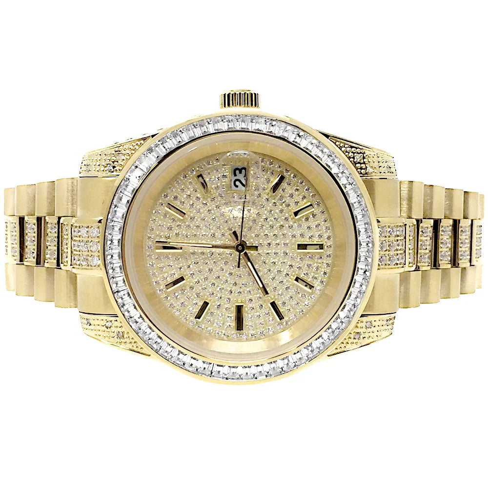 Simulated Diamond 18k Yellow Tarnish Gold Stainless 41MM Watch Free New Presidential Steel Unisex Finish