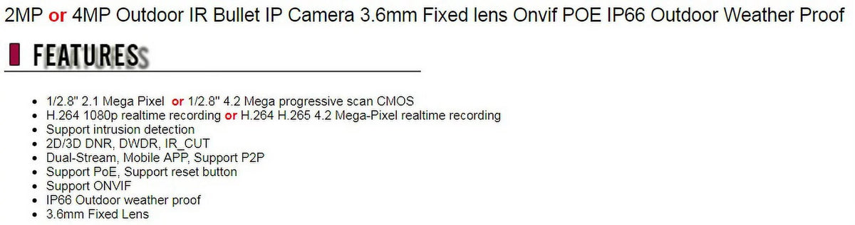 exterior Bullet Fixed Onvif 3.6mm IP66 Proof IR climate 2MP POE Security exterior Camera CCTV lens IP Eyemax