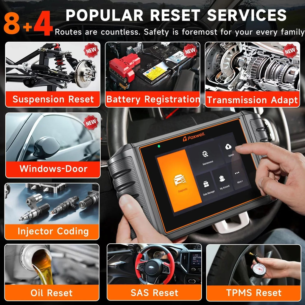 Throttle OBD2 FOXWELL Automotive Suspension ABS Scanner Diagnostic Coding All OBDII Reader Code Service Battery Automotive BMS Reset System Bleeding Tester Reset Scanner, 12 Gift: Injector Tool NT726