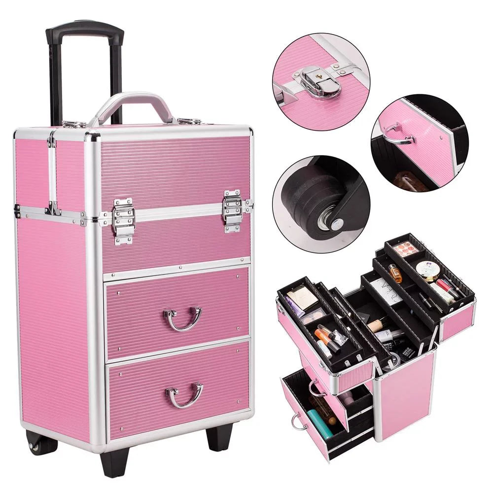 Cosmetic in Pink Train Storage Makeup Rolling Case, Box Trolley, 1 Lockable Pro Ktaxon 3 Aluminum