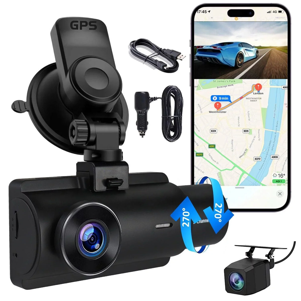 Recorder 4K Rear & Camera Cars Track Front True 3 Video Lens Dual WiFi&GPS Dash