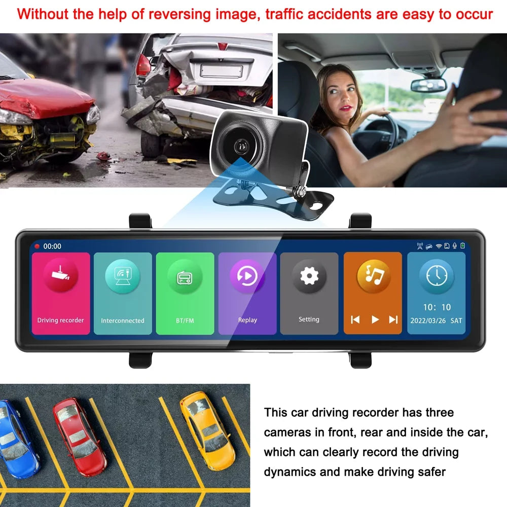 Video Recorder Andoer Screen Mirror Car Car Rearview Cam Car Recording Recorder 3 Clear Driving Auto Dash Cameras 2.5K 12in Touched Carplay