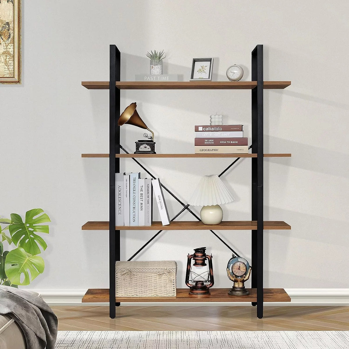Rustic Open for 4-Tier Bedroom, Frame, Book Bookshelf, with Home Shelves Living Tall Office, Brown Display Shelf, Bookcase Metal Room, DIQIN