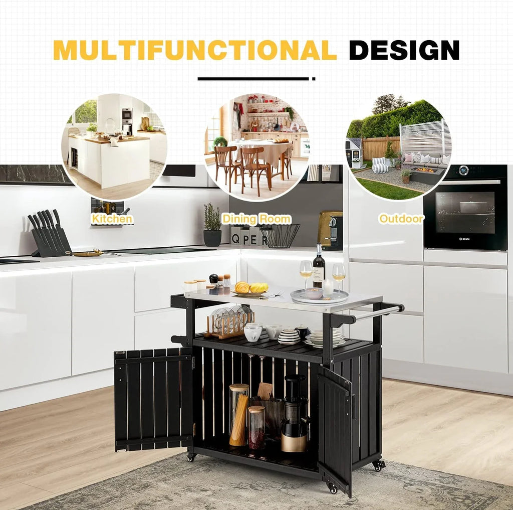 Rack, Top Spice Rolling Kitchen Cabinet, Storage With Island HDPE Black Island Table Towel Stainless Hooks, With Kitchen And Rack, Cart, Steel
