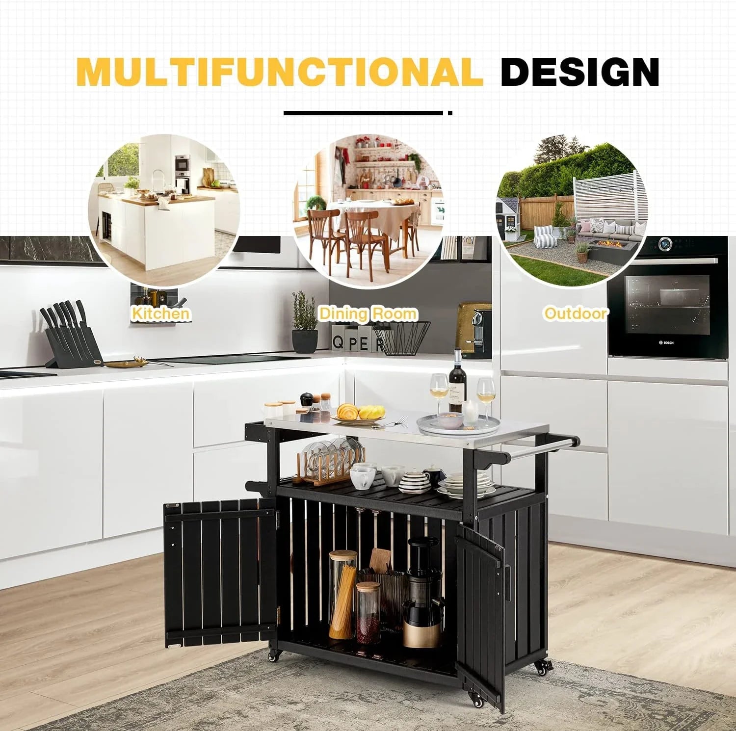 Rack, Top Spice Rolling Kitchen Cabinet, Storage With Island HDPE Black Island Table Towel Stainless Hooks, With Kitchen And Rack, Cart, Steel