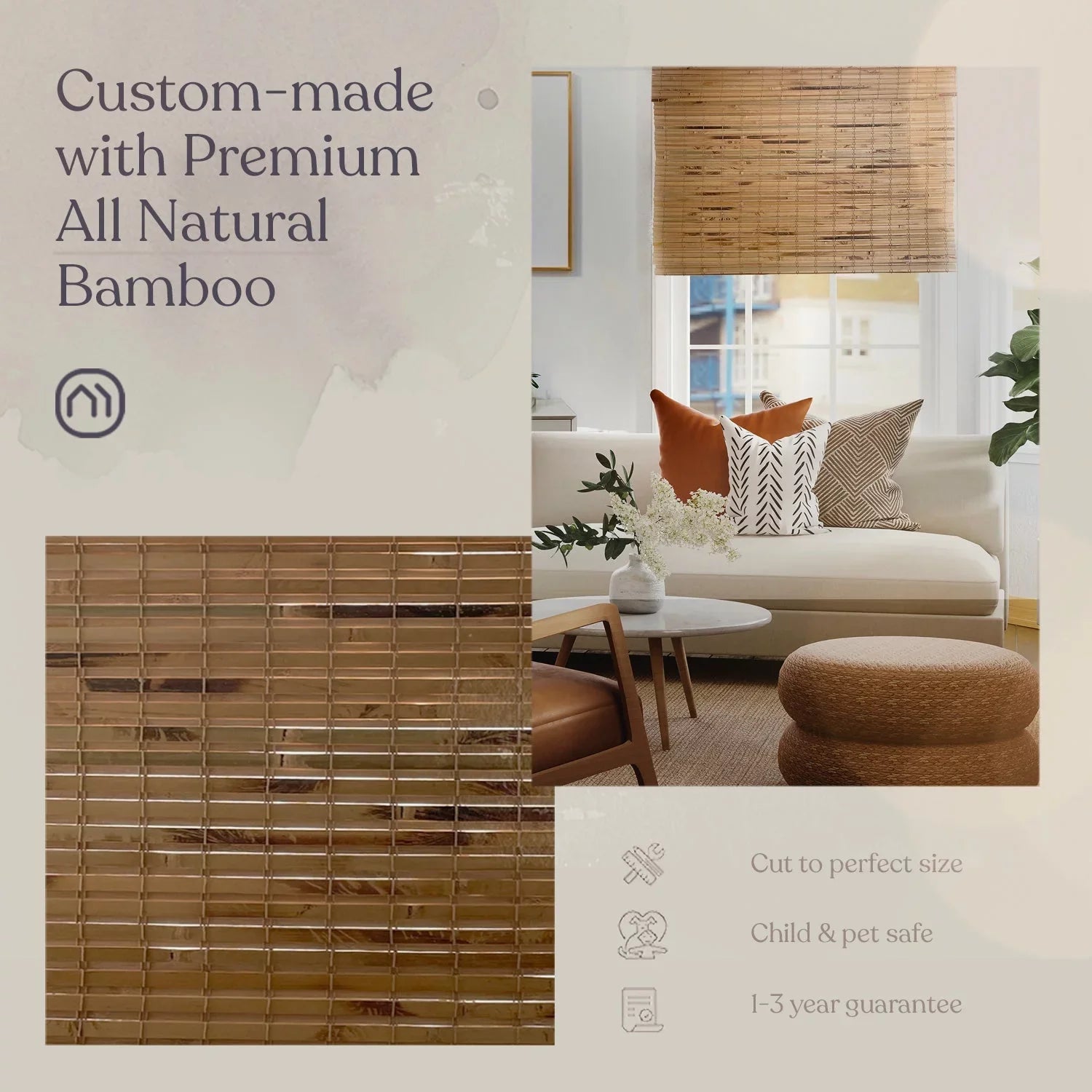 | Privacy) Bamboo | Custom Roman 60"H MOOD Cedar Woven Shades 52"W | for Wood Natural NATURAL Natural | Cordless (Great Shades X Designer Windows