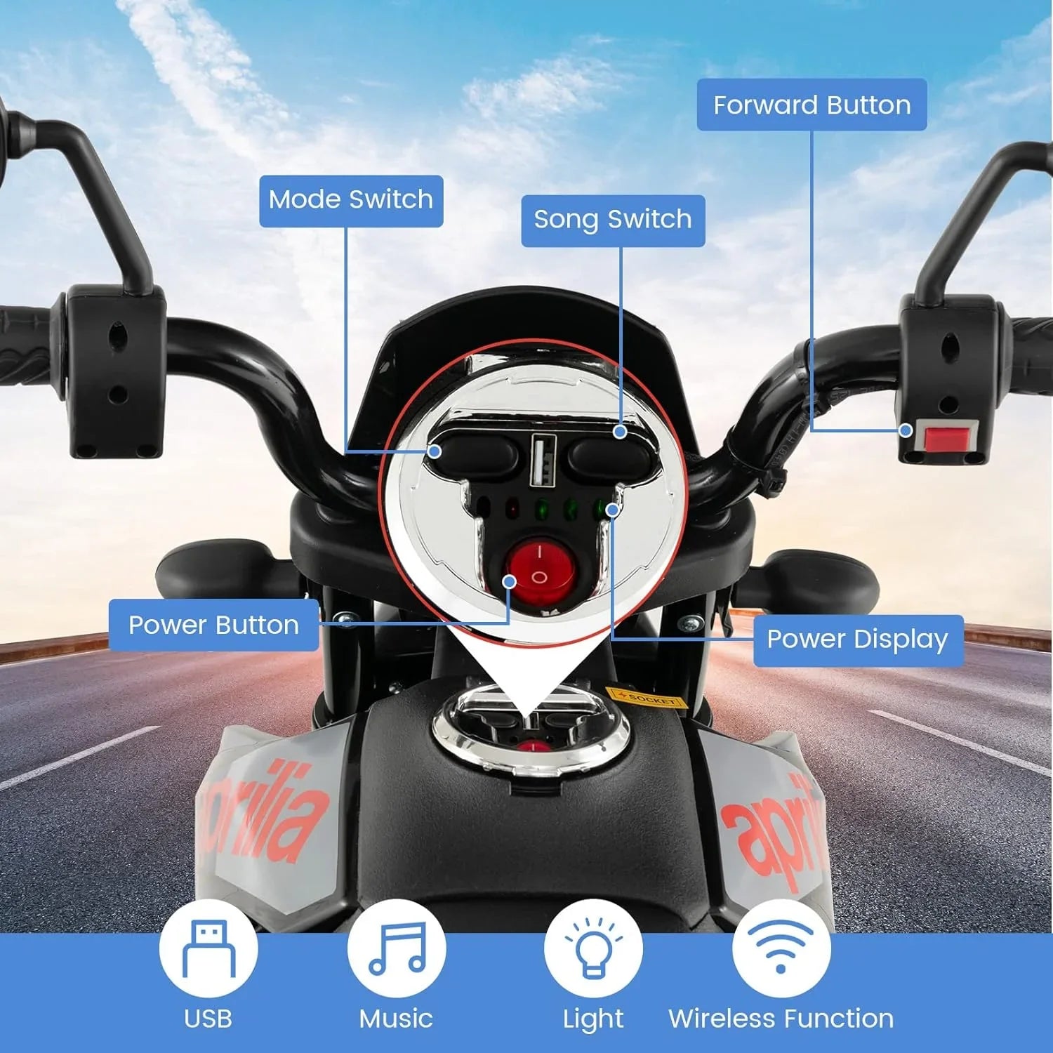 Ride-on Power, Foxhouse1 Battery Kids Motorcycle Blue LED 12V with - Electric Headlights Color