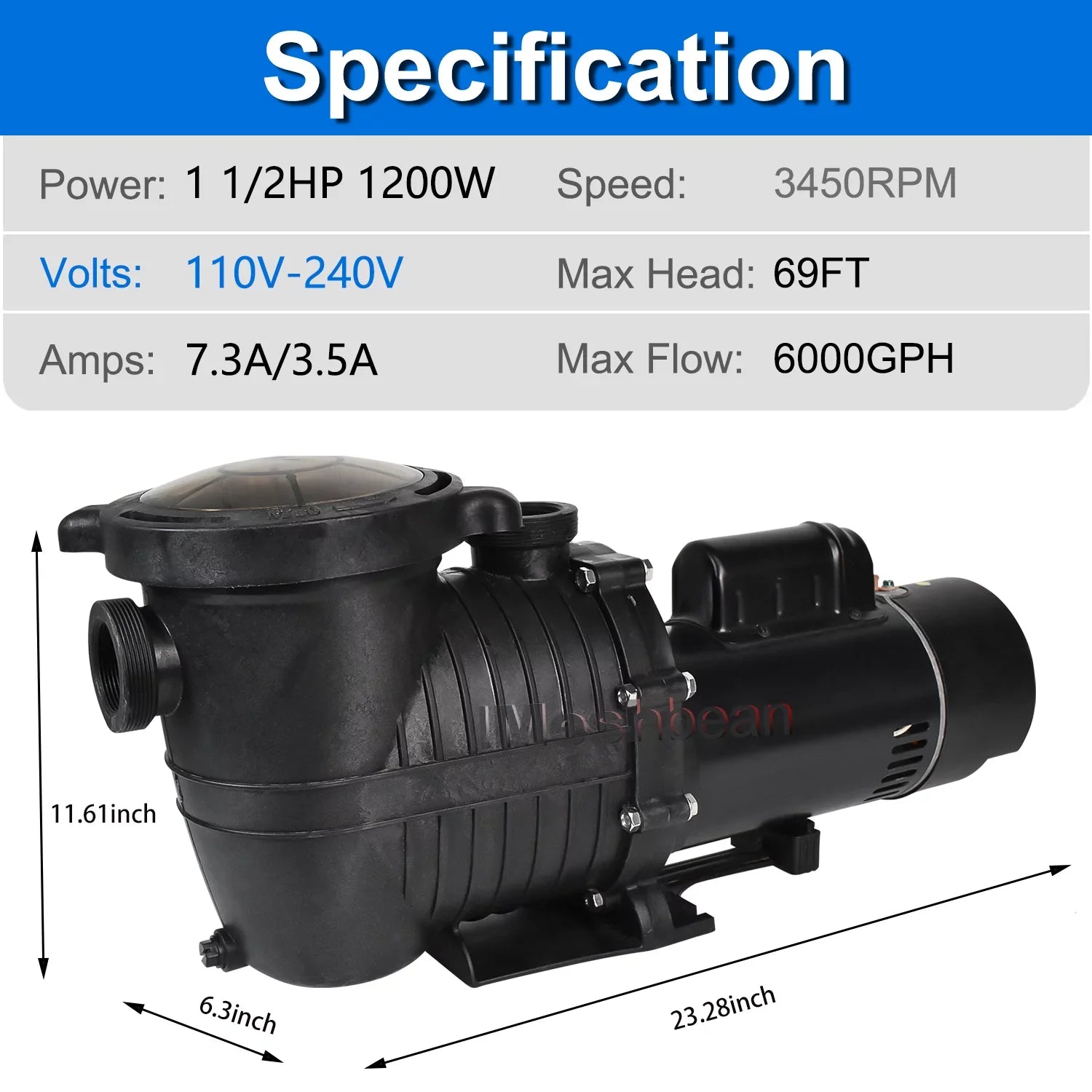 Pool iMeshbean liquid Motor Inground 6000GPH, Swimming Strainer Ground Head Pool Above Max 110V-230V, and Pump, w/ for Pool 1.5HP Basket In-ground Swimming 69FT, Circulation,