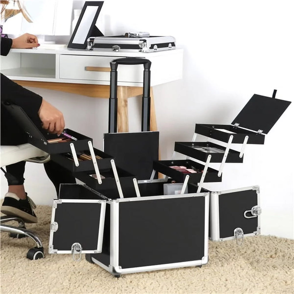 Alden Case Trolley Makeup Rolling Retractable Black Mirror, Wheels, with Design Trays, &