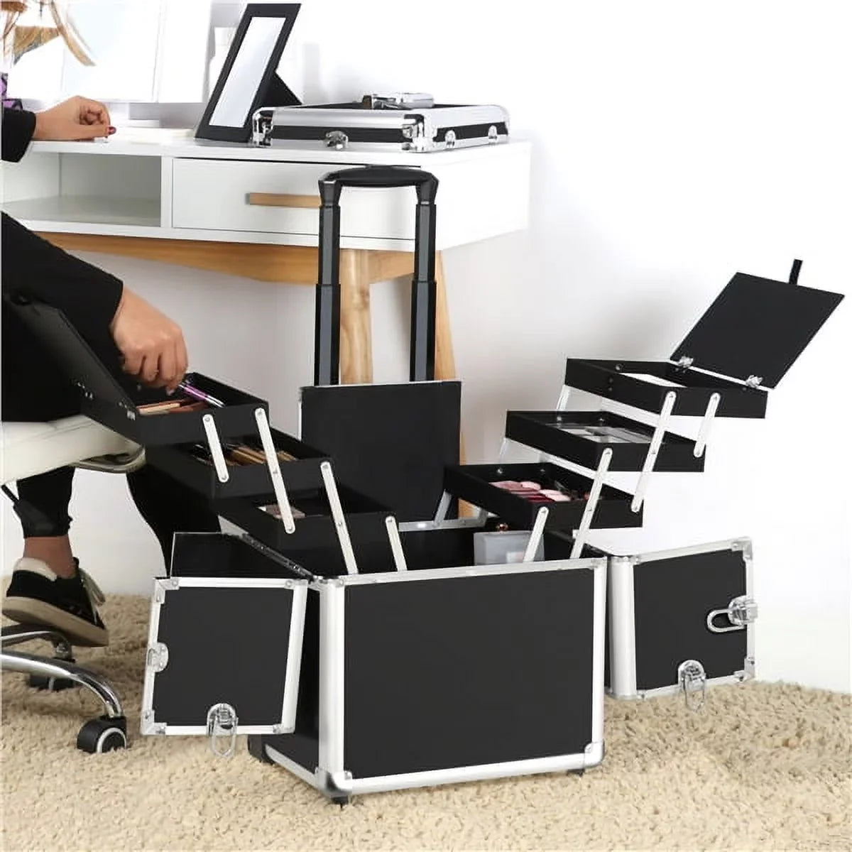 Alden Case Trolley Makeup Rolling Retractable Black Mirror, Wheels, with Design Trays, &