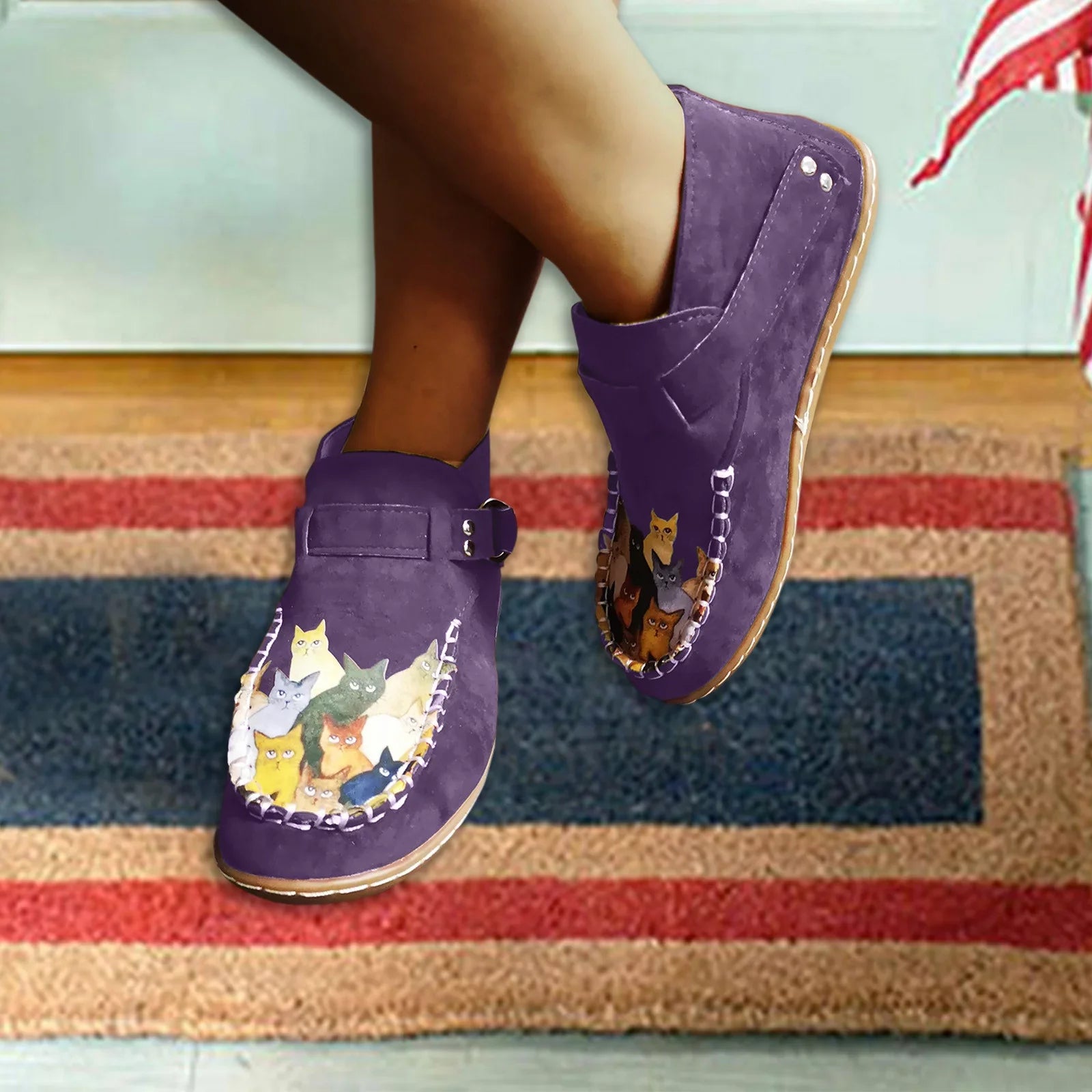 Casual Boots Leather Comfort boots women's Printed Cat Flat Button Female Ankle Cartoon