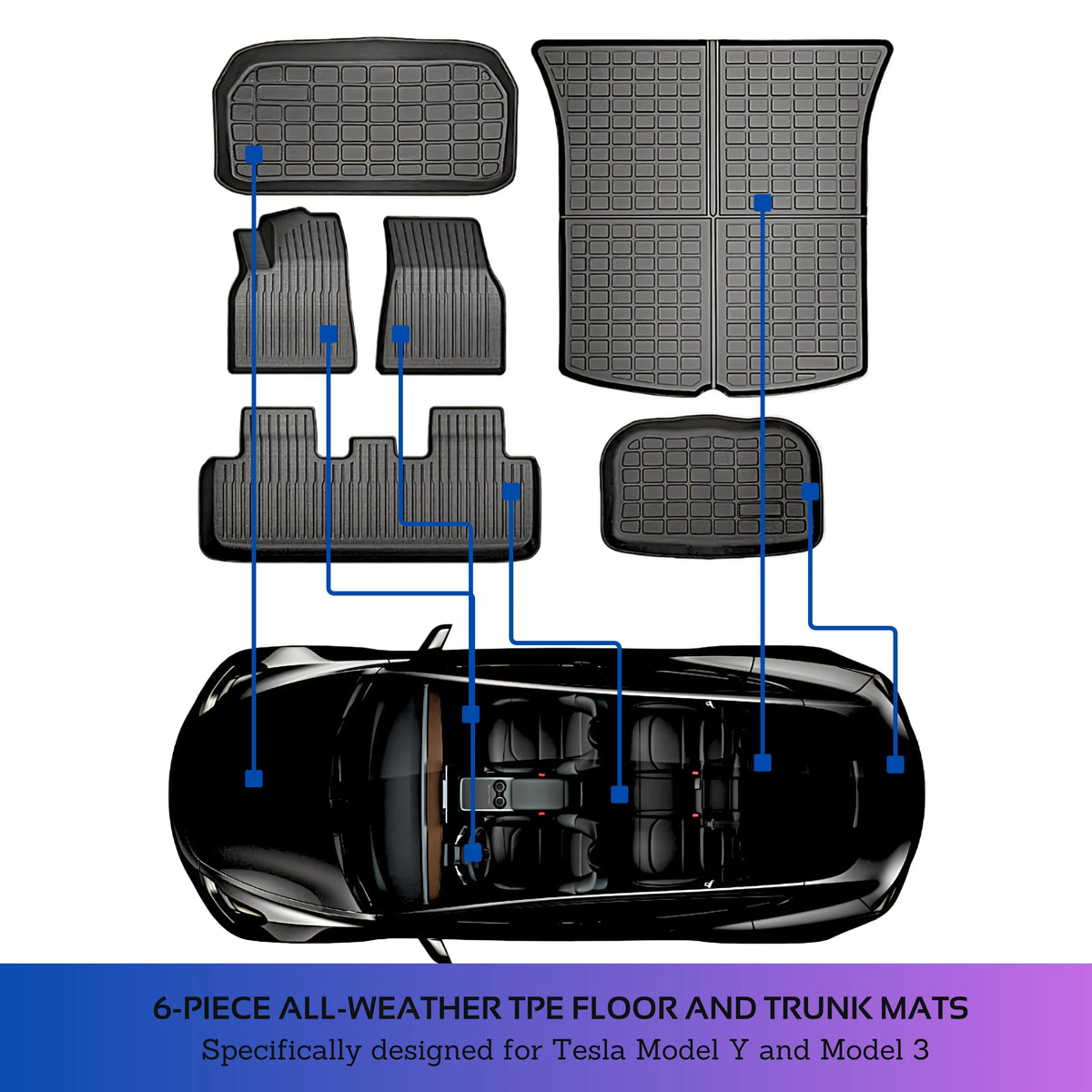 for 2020-2023 All Mat Floor climate Cargo Car Trunk 6-Piece BunnyBird Tesla Liner Accessories TPE Mat Model 3-5-Seater