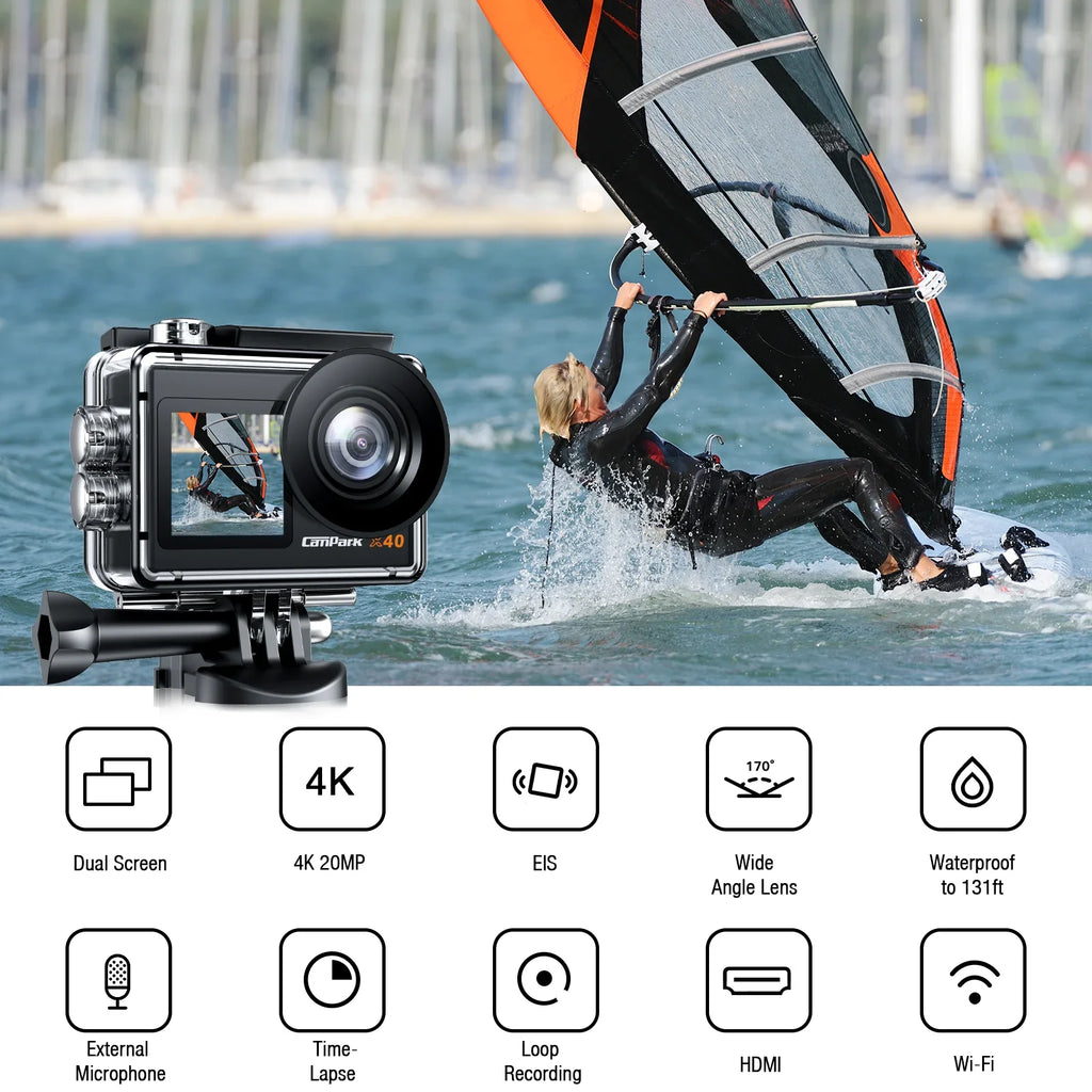 Camera Underwater WiFi Campark Action Waterproof Camera 4.0 Camera External 20MP Sports Ft Zoom Remote Support Control EIS 4K Mic 30FPS Camera 131 Vlog