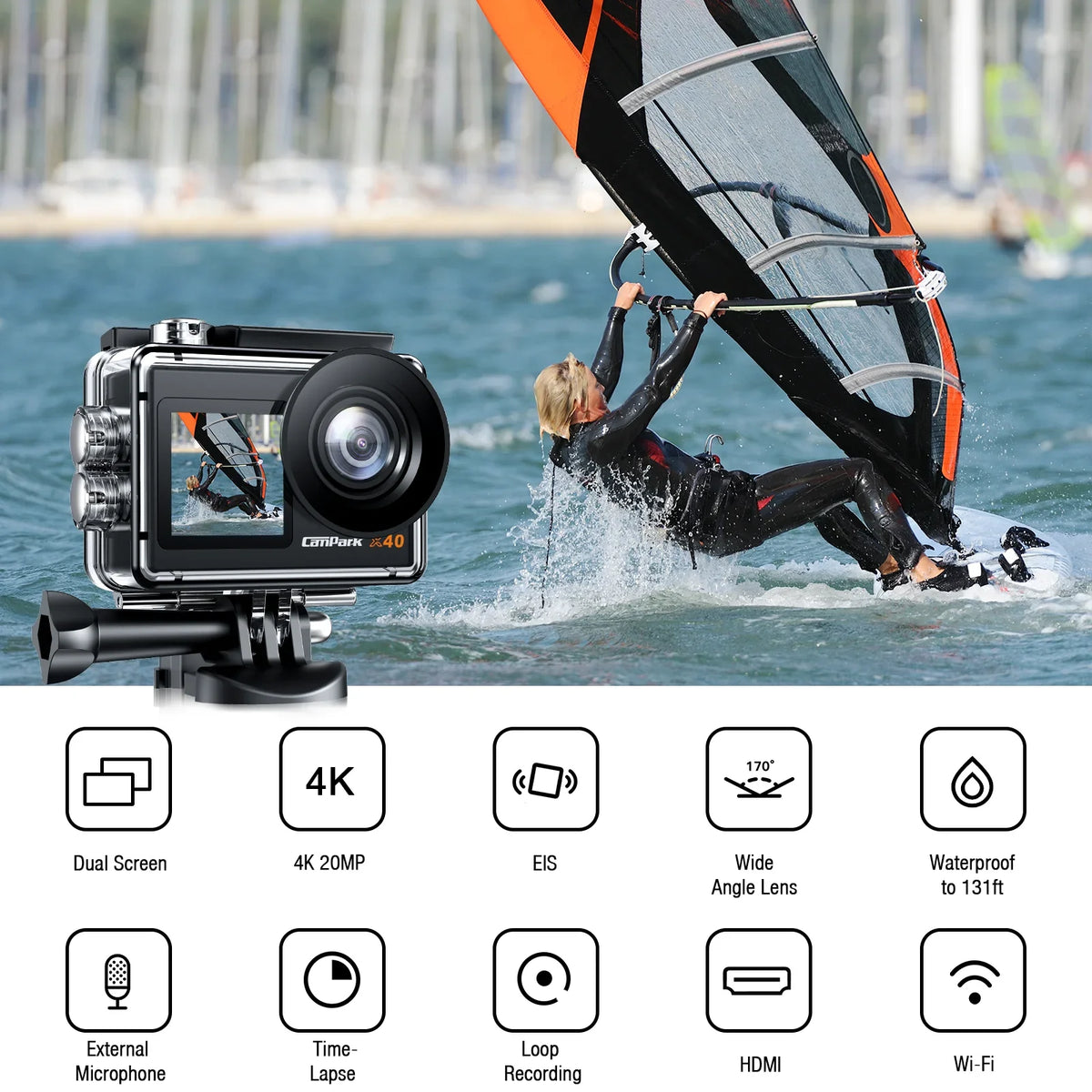 Camera Underwater WiFi Campark Action Waterproof Camera 4.0 Camera External 20MP Sports Ft Zoom Remote Support Control EIS 4K Mic 30FPS Camera 131 Vlog