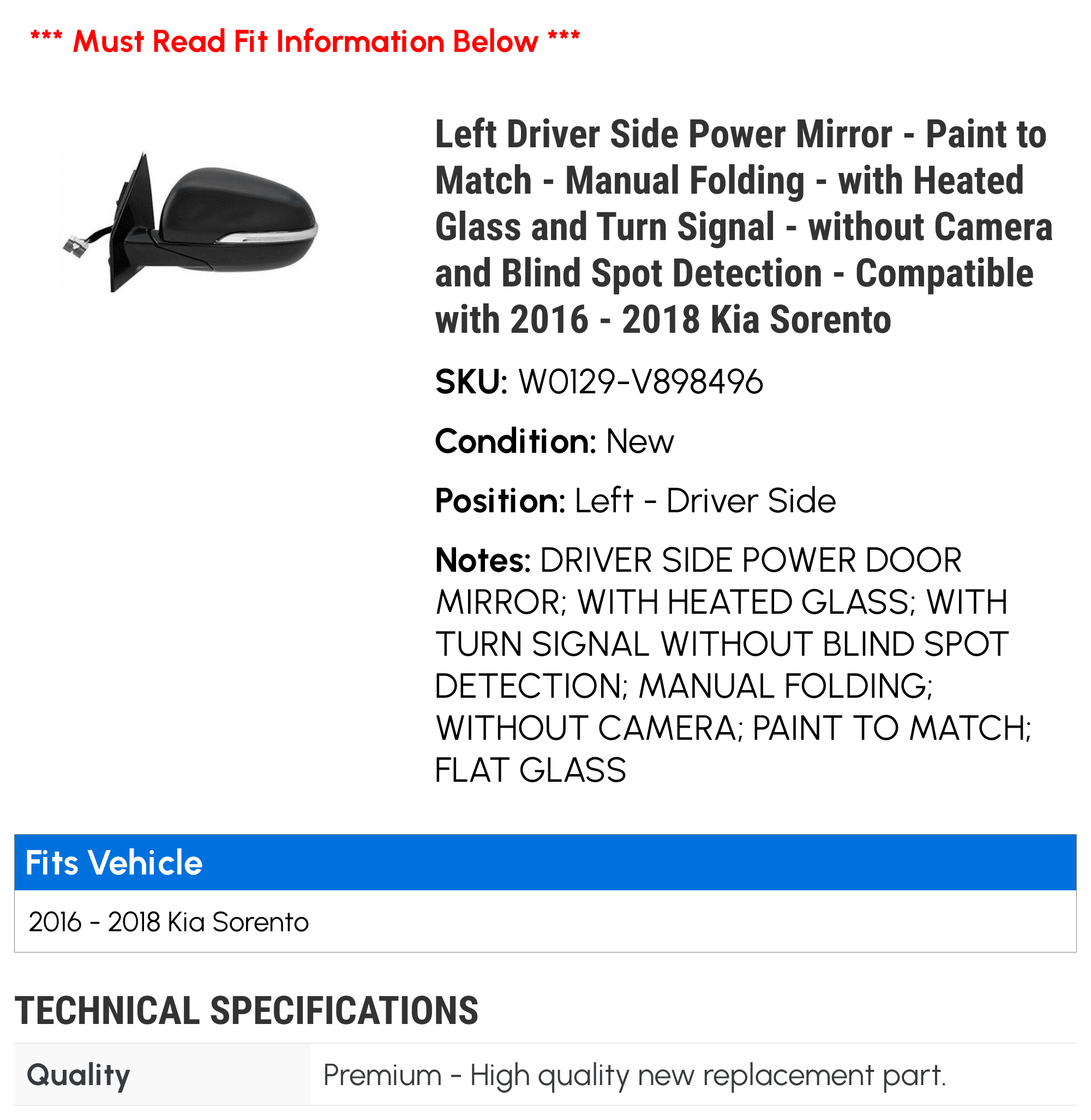 '- Compatible Left Side and - 2016 Folding Match Heated Signal - - Mirror - with and without with - Manual 2017 to Sorento Power Blind Driver Spot Camera Glass Paint 2018 Kia Turn Detection