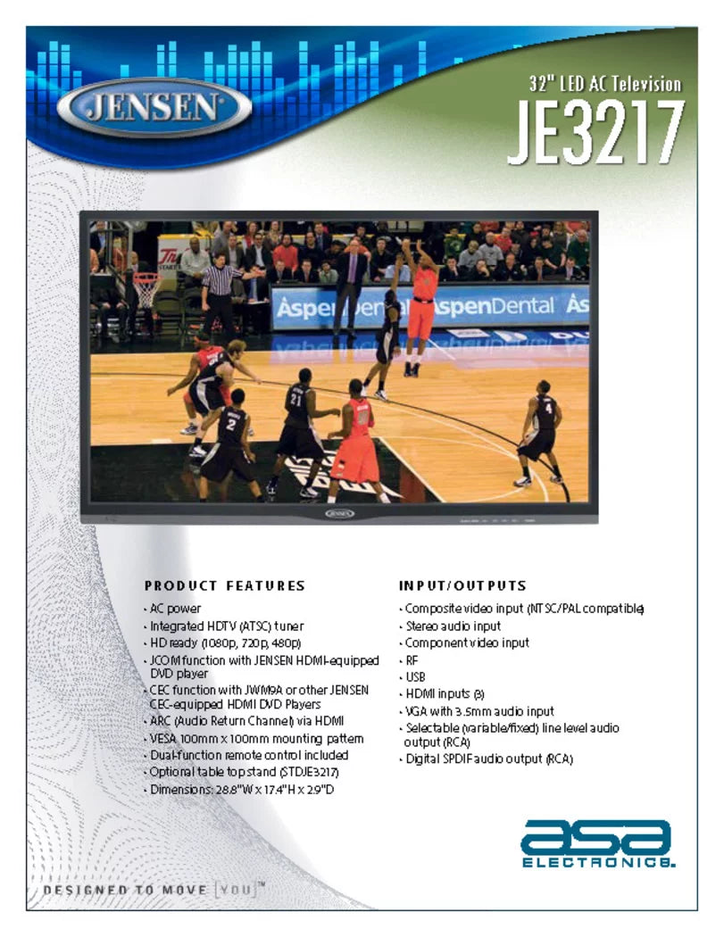 480p), (1080p, (ATSC) WXGA+ panel, with LED Wide 768 Integrated Tuner 16:9 JENSEN JE3217 Remote Ready 720p, & Performance 1366 x 32" HDTV Control, AC Television HDTV Resolution, LCD AC and 110V High
