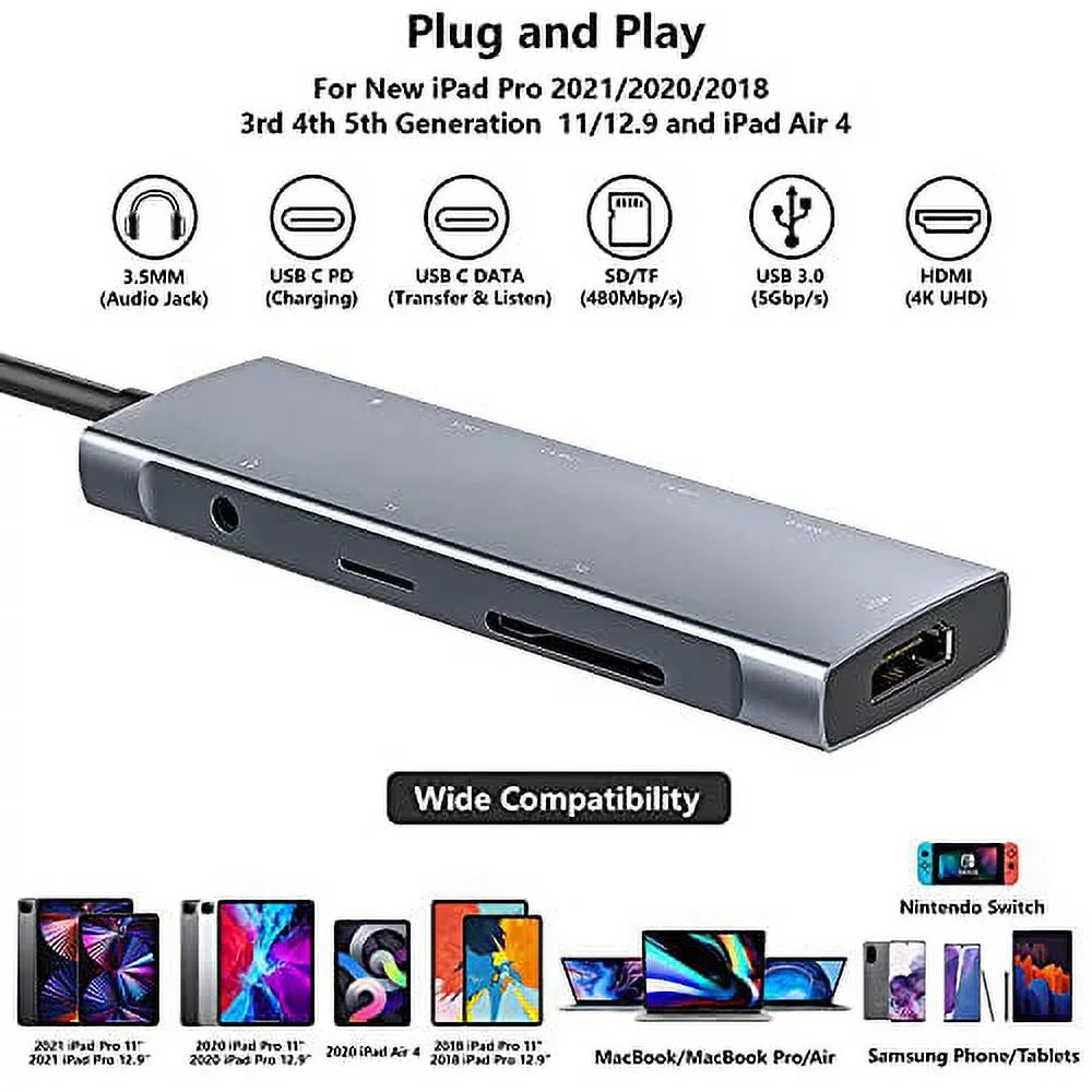 Reader, 3.0, USB-C iPad C Pro Jack SD/Micro HUB Card with USB 2020 USB Pro Headphone HDMI C 12.9 iPad Charging, iPad 9-in-1 4 2021 Adapter inch 2018 3.5mm for Docking 4K Data Type Air PD 11 Station