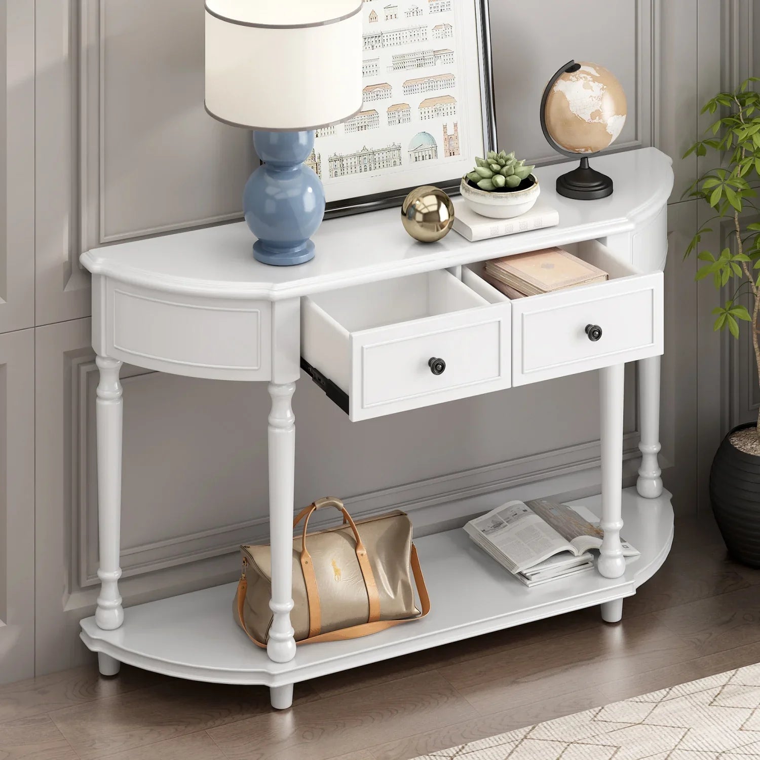 (White Curved Console Wooden Drawers Design design Frame Table WF298768AAK) and Top SKU Circular Solid OLD Shelf Retro Open Legs Two with TREXM