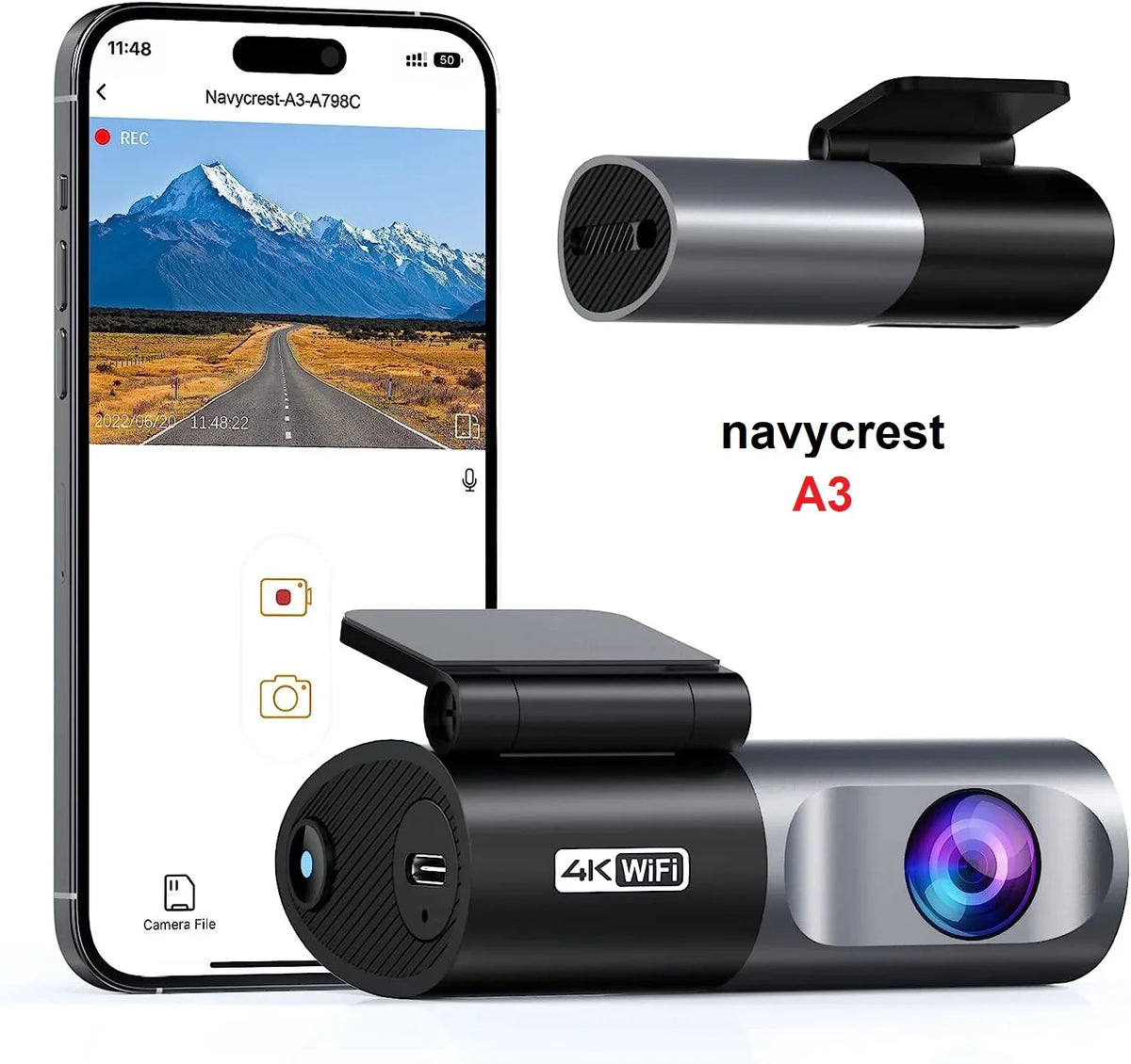 App, Dash WiFi navycrest G-Sensor, Recorder for Support 256GB Recording, Camera Cars, Mode, Cam 24 Hours Max Front 4K 2160P Vision, Parking Loop A3 Night with