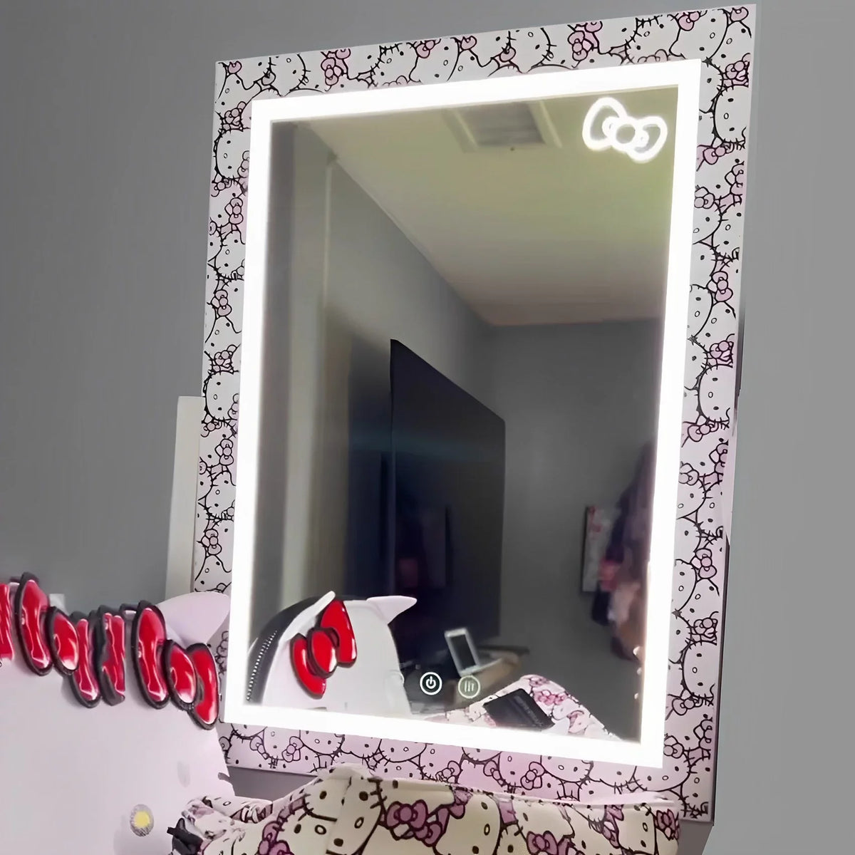 with LED 3X Mirror Iron Lights (White) grade Makeup Frame Swivel Cute Mirror Impressions Tone and Vanity Mirror, 360 Hello Tri Degree Magnification, Lighted and Touch with Vanity Kitty