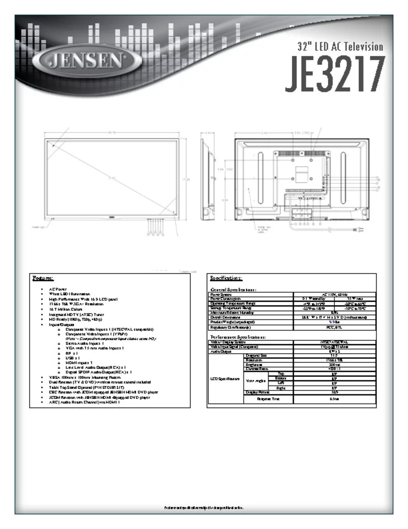 480p), (1080p, (ATSC) WXGA+ panel, with LED Wide 768 Integrated Tuner 16:9 JENSEN JE3217 Remote Ready 720p, & Performance 1366 x 32" HDTV Control, AC Television HDTV Resolution, LCD AC and 110V High