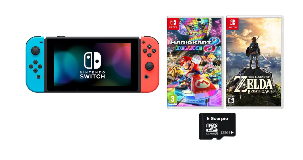 Switch Nintendo of 3 Blue Switch Console /The 32GB Months Switch Deluxe Mario 8 Breath and Wild Red Online Zelda: the Legend of with Membership Joy-Con, and Neon Nintendo Nintendo Kart Bundle:
