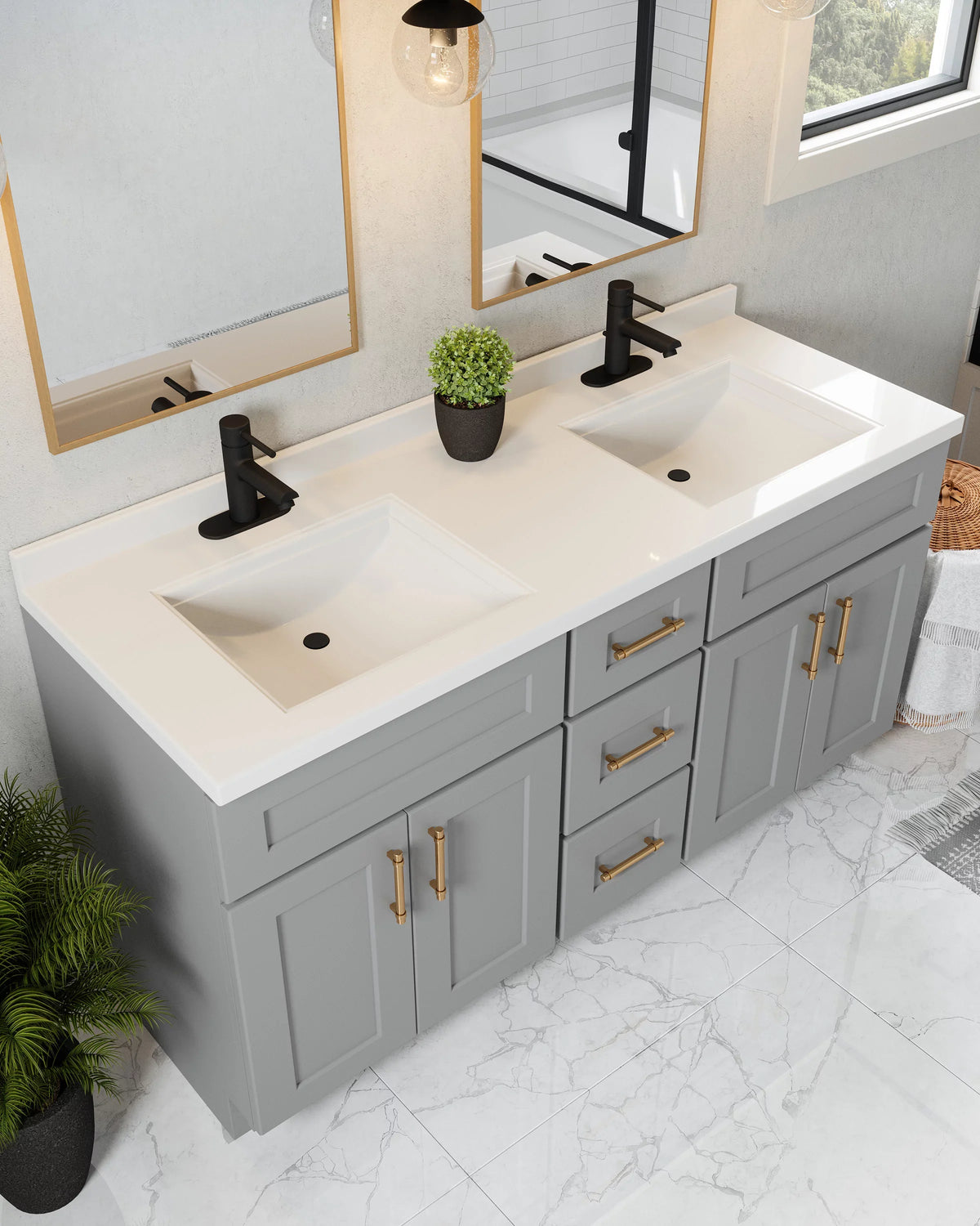 Mount White Marble Double Integrated Solid Backsplash, Rectangle with Cultured Design Camilla House Centerset 557678-WHT Top 61-inch Bowl Vanity