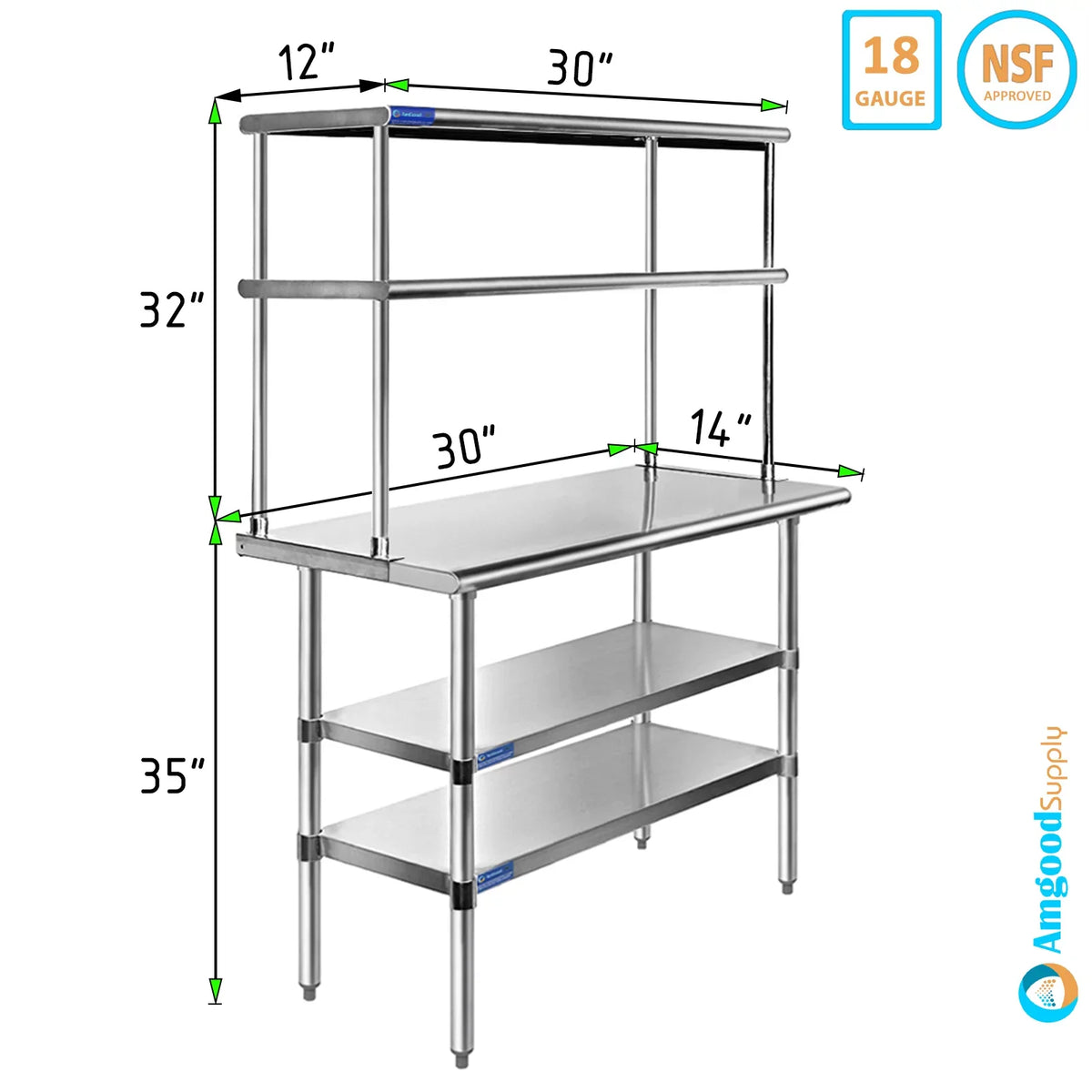 | Double Combo Table 12" | Shelving x Overshelf Table With Prep Metal Wide Kitchen Tier 30" Shelves 14" & Steel Two Work Stainless