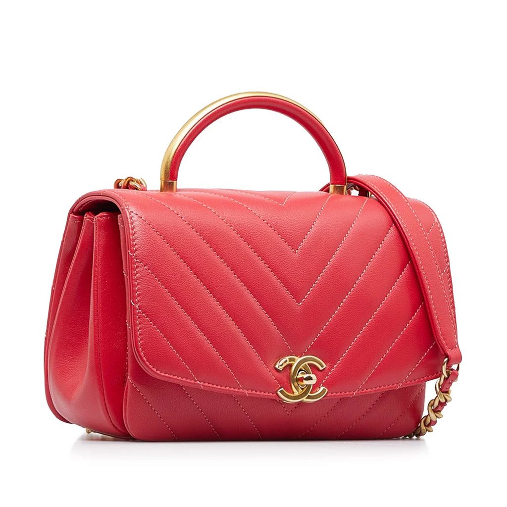 Chevron Leather Red Flap Satchel CC Pre-Owned Authenticated Unisex Lambskin (Good)