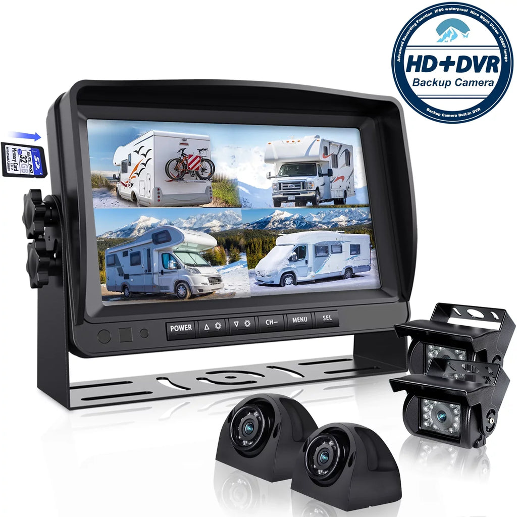 A9 View Monitor, HD camera Backup with DVR 9’’ for RV Side Trailer Backup System Camera IP69 Camera Advanced Function Split Screens Car Truck RV Quad 4 Record Box Large eRapta Waterproof Rear and