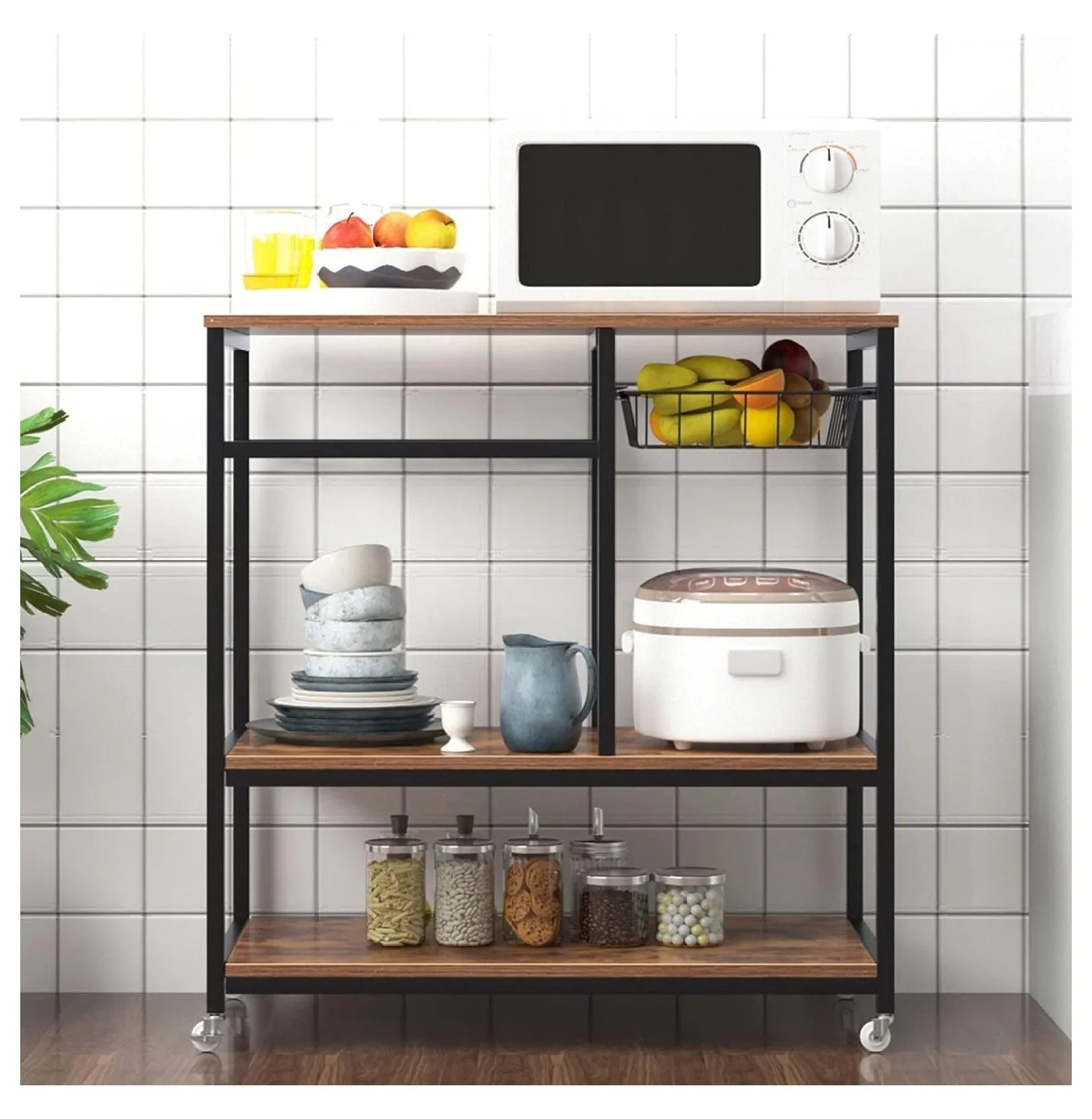 3 Cart Dark for Rack Wheels Carts Brown Tier Kitchen Bakers Station, Serving on Storage oddfain Utility Coffee Cart Bar exterior Microwave with Rolling Kitchen