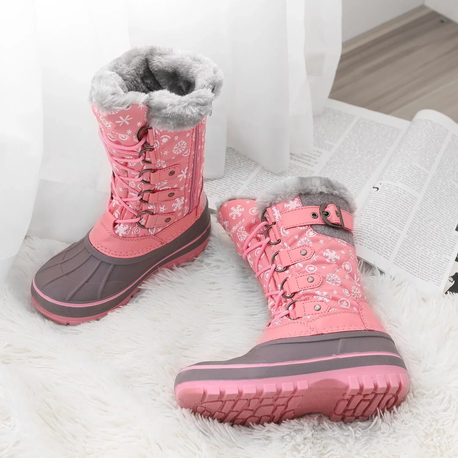 Warm Girls Boys 12 Lace Pairs Ankle Up Shoes Dream Boots dimension Winter Boots Waterproof Snow KRIVER-1 PINK