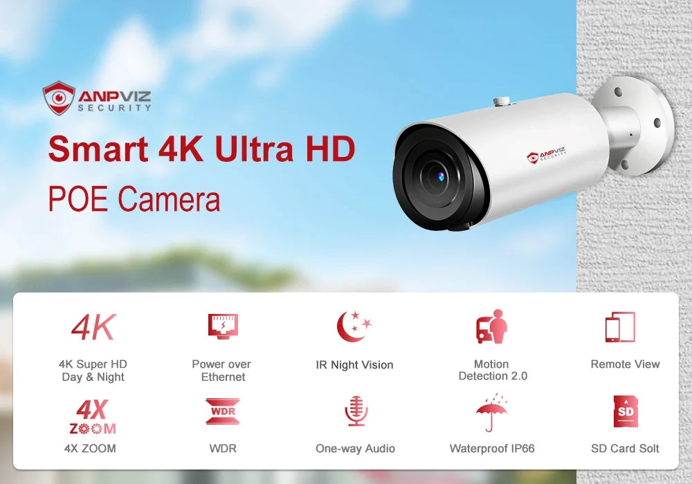 Zoom Human in Vehicle Detection 30M IP66 Camera IR H.265 4X 8MP ANPVIZ Support Distance Camera Built Mic Bullet